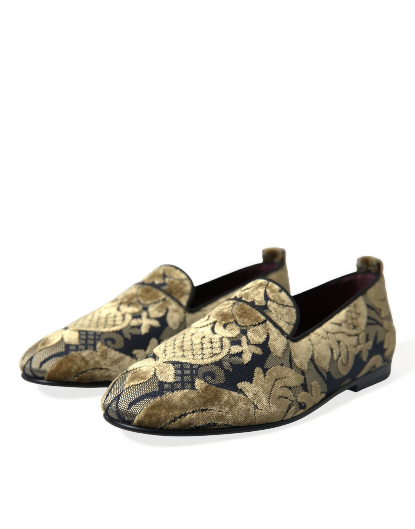 Dolce & Gabbana Gold Velvet Brocade Smoking Slipper Dress Shoes