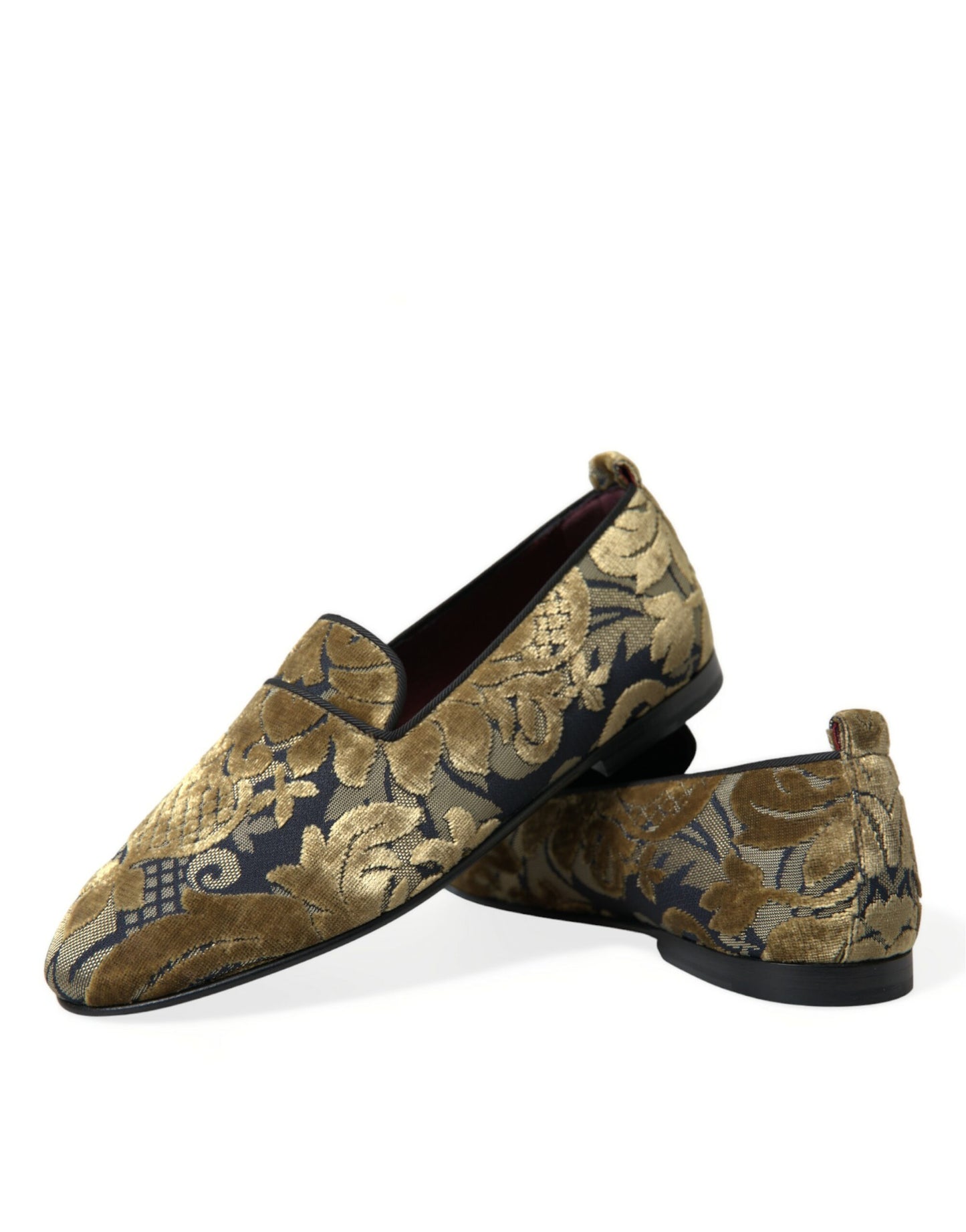 Dolce & Gabbana Gold Velvet Brocade Smoking Slipper Dress Shoes