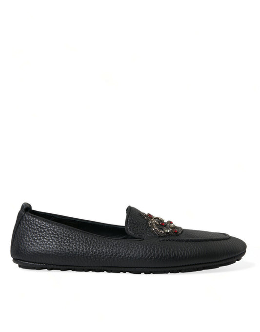 Dolce & Gabbana Black Leather Crystal Embellished Loafers Dress Shoes