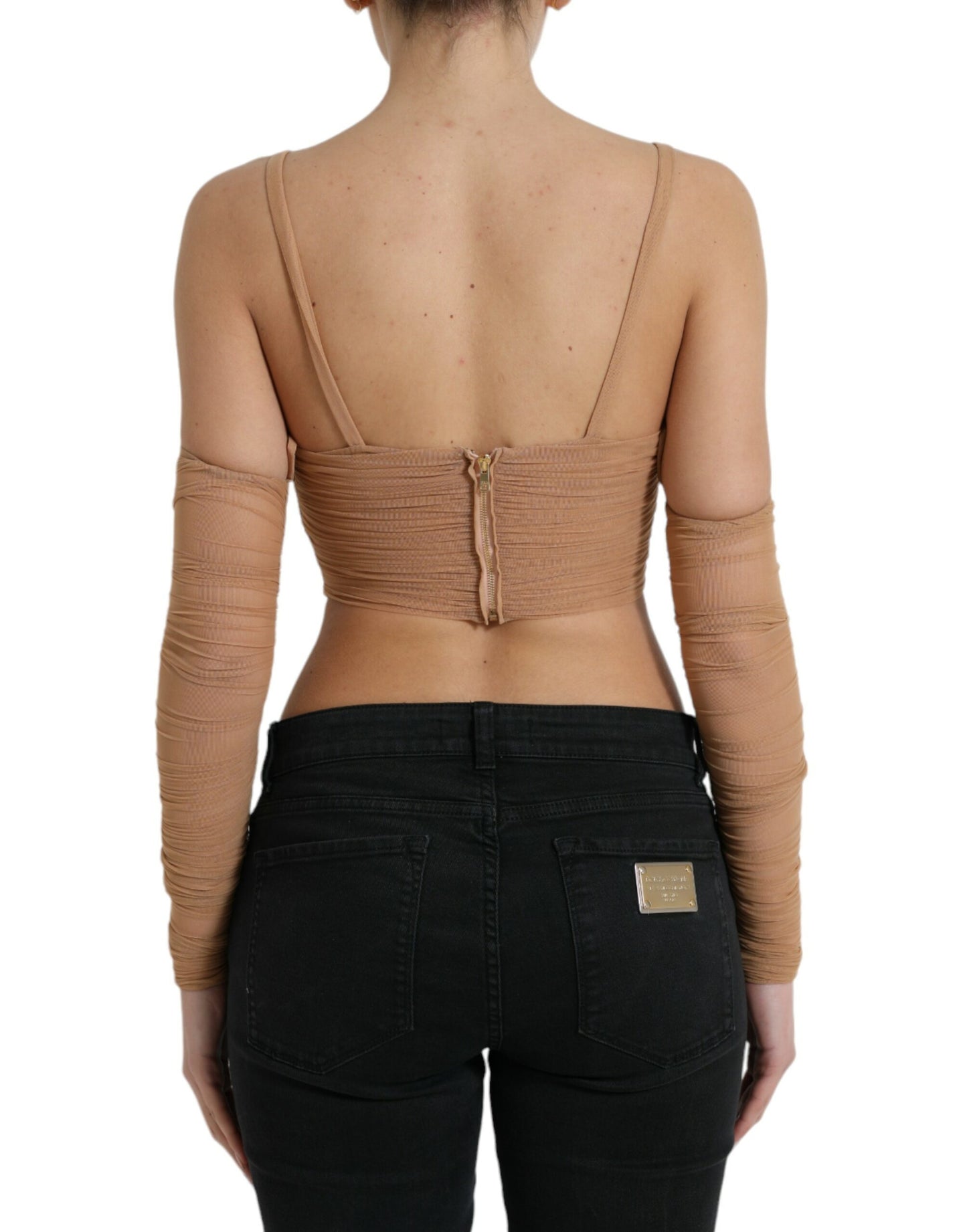 Dolce & Gabbana Brown Nylon Stretch Open Shoulder Cropped Top