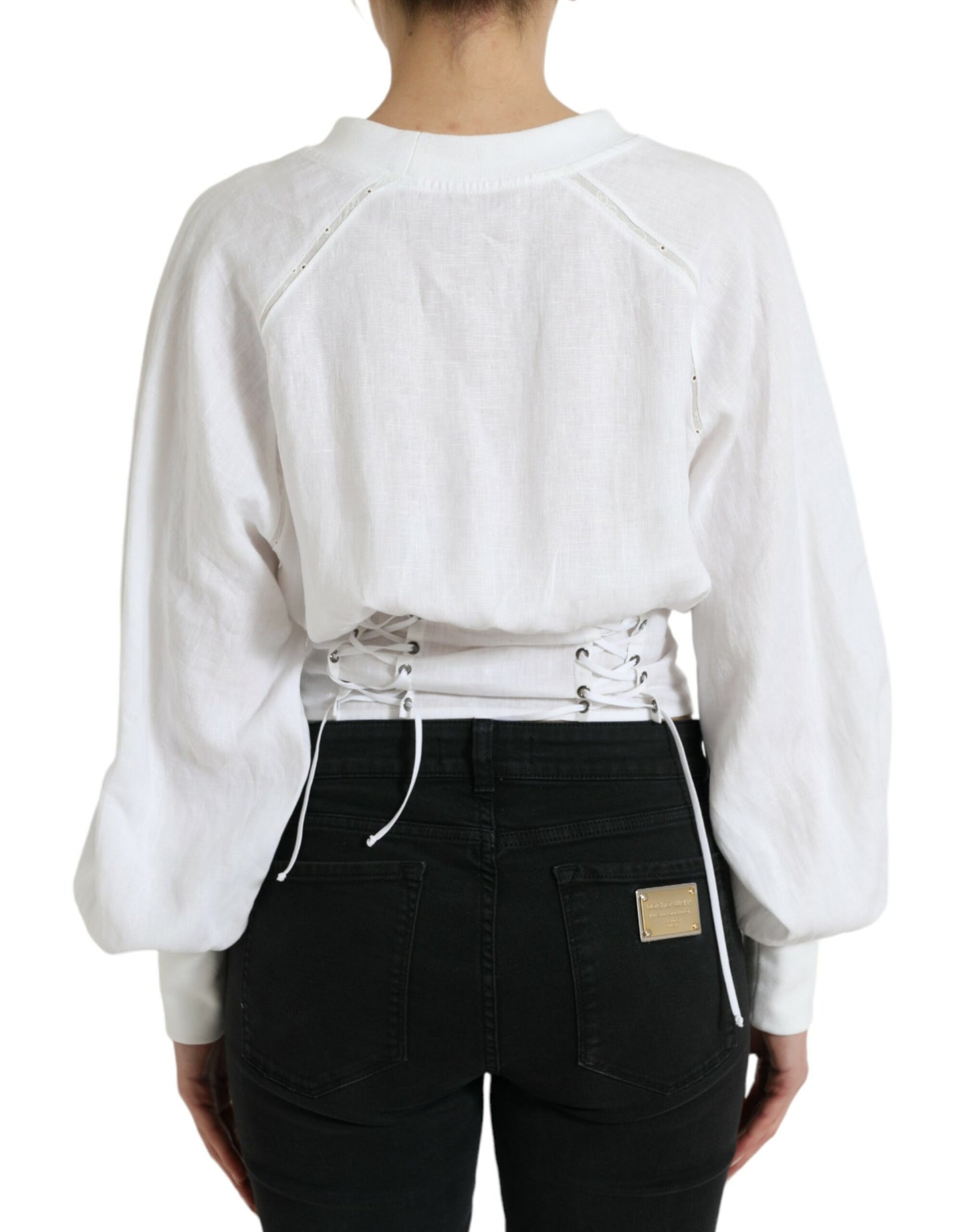 Dolce & Gabbana White Cotton Corset Cropped Long Sleeves Top