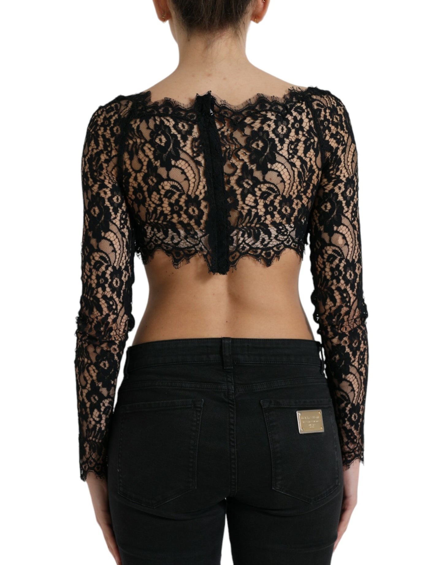 Dolce & Gabbana Black Nylon Floral Lace Bustier Cropped Top