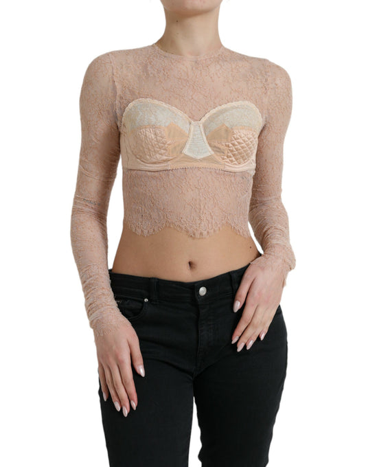 Dolce & Gabbana Beige Nylon Floral Lace Bustier Cropped Top