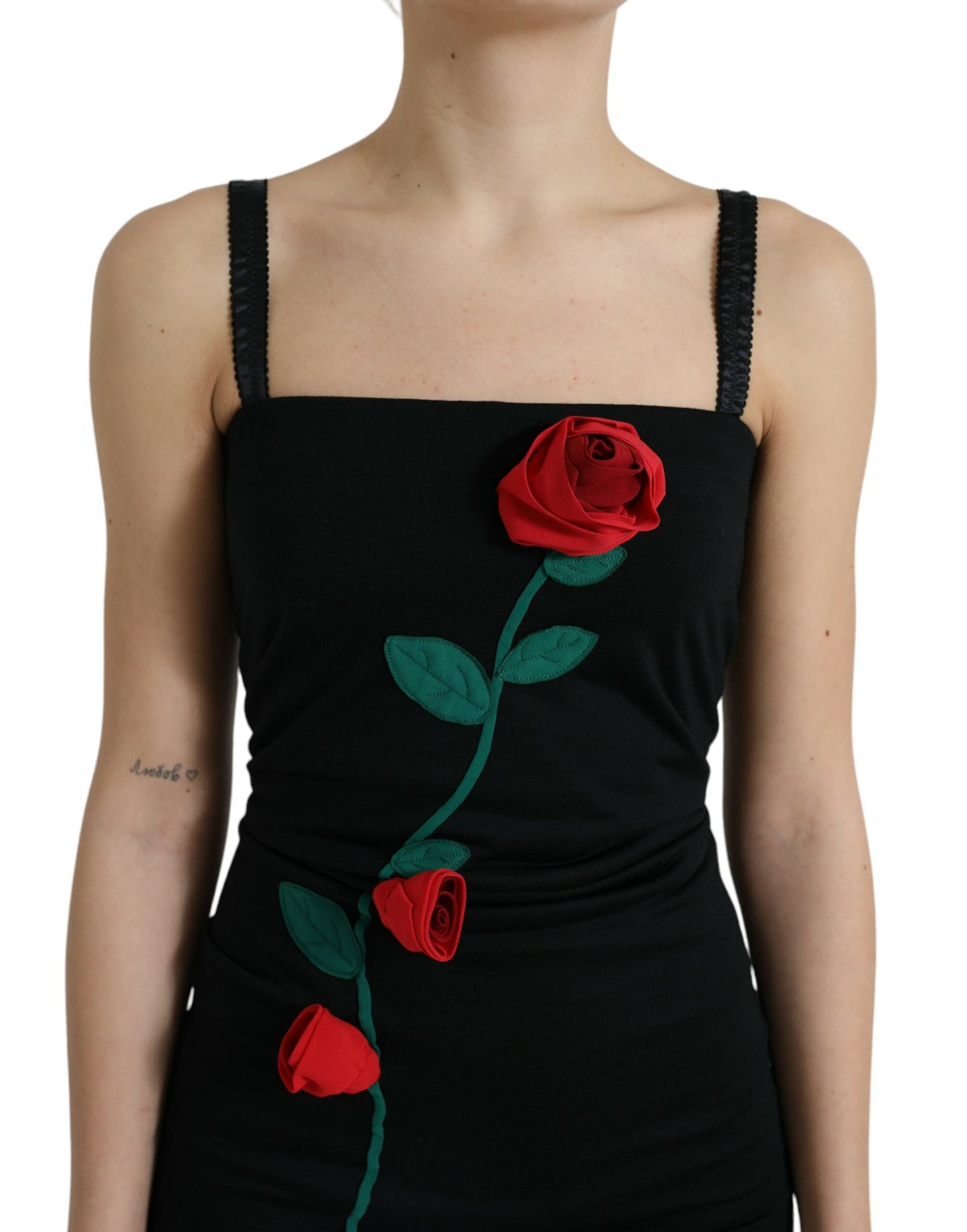 Dolce & Gabbana Black Roses Wool Sheath Bodycon Midi Dress