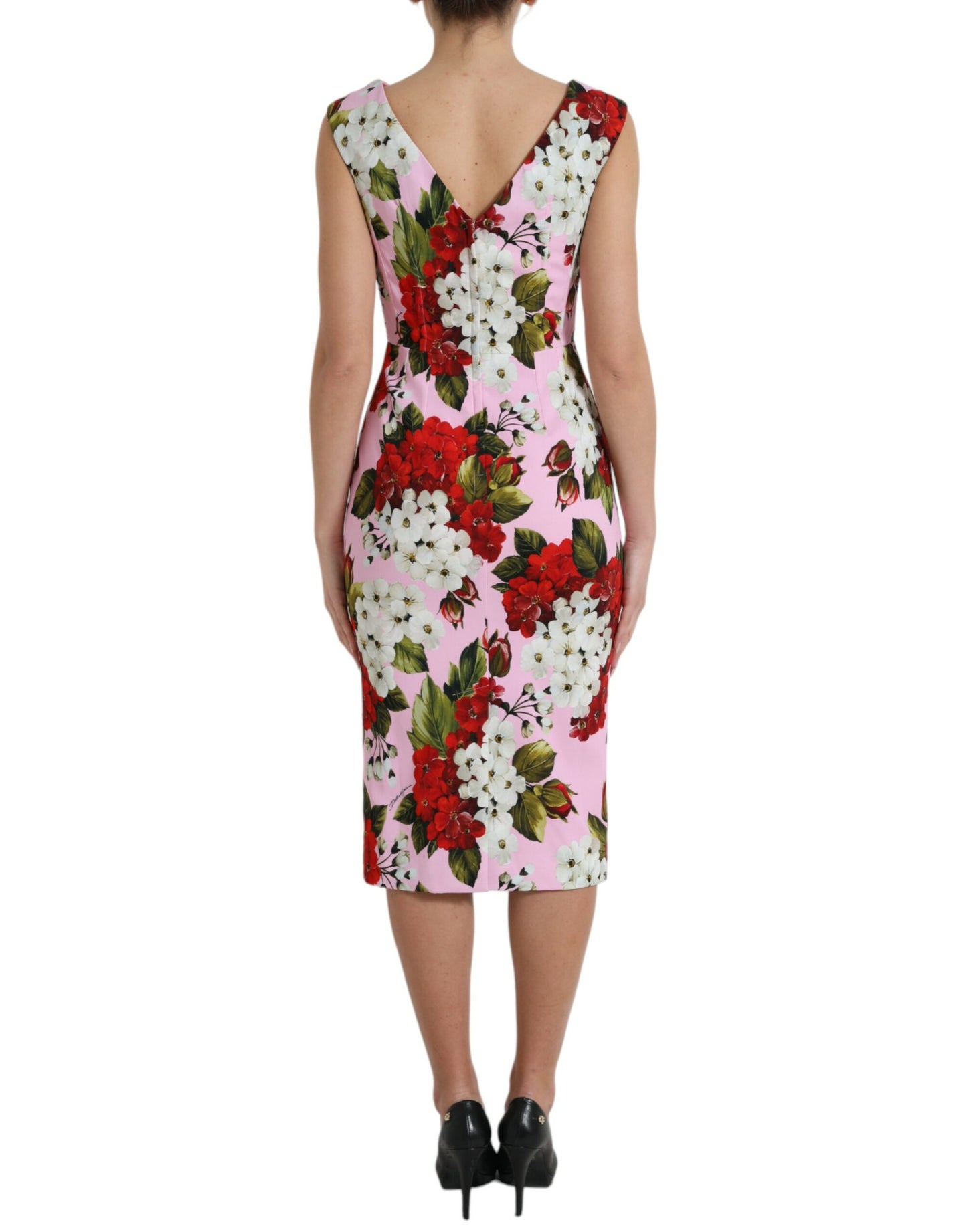 Dolce & Gabbana Pink Viscose Pink Floral V-neck Sheath Midi Dress