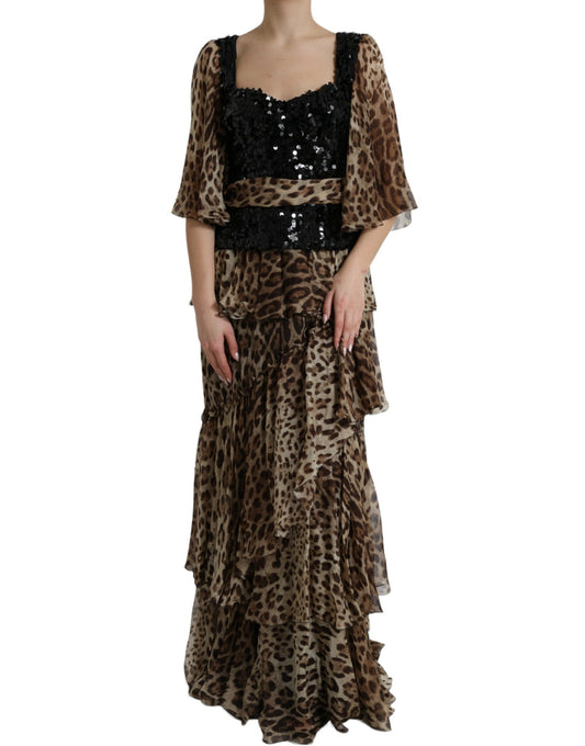 Dolce & Gabbana Brown Leopard Sequined Tiered Long Gown Dress