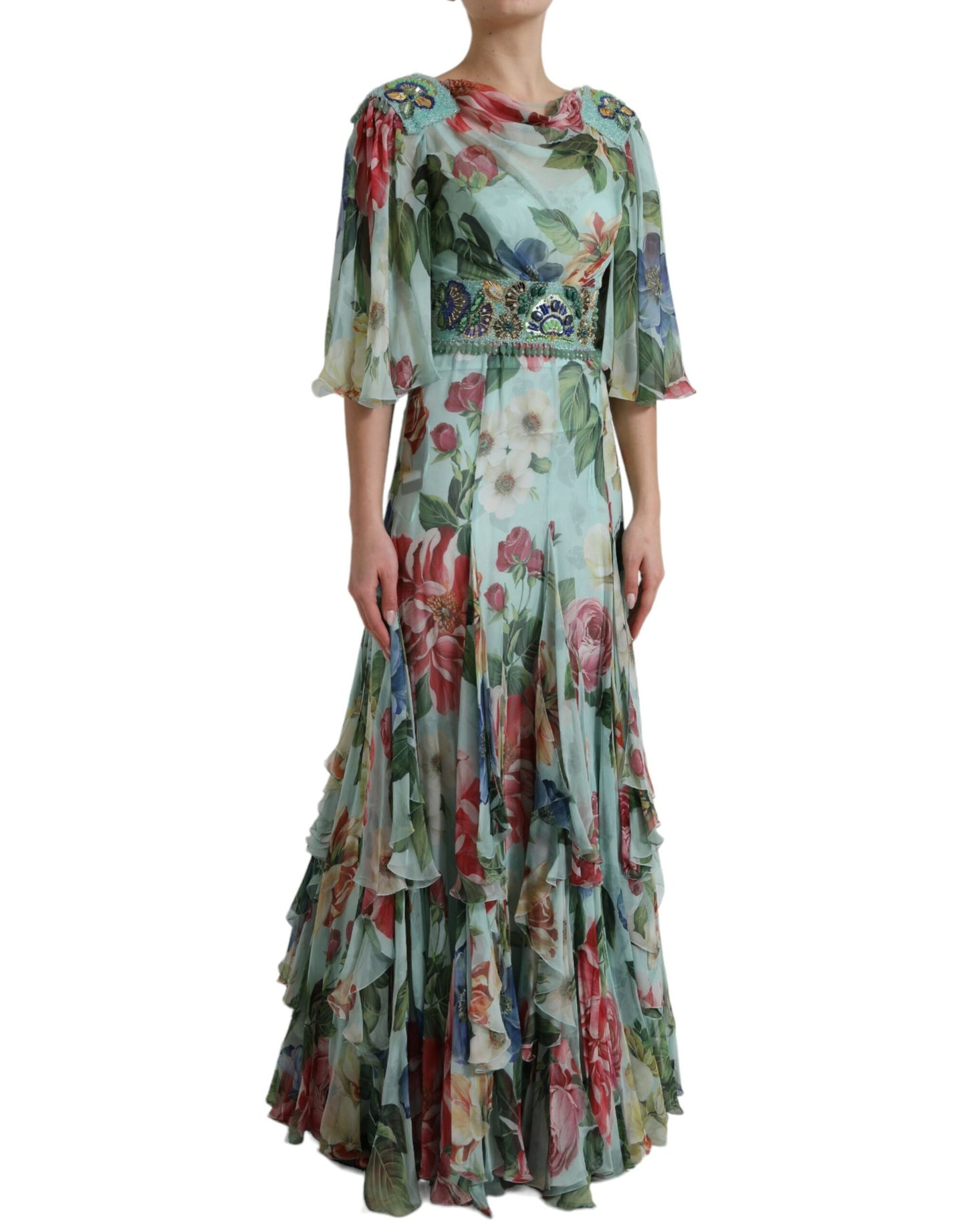 Dolce & Gabbana Blue Floral Print Tiered Long Maxi Dress