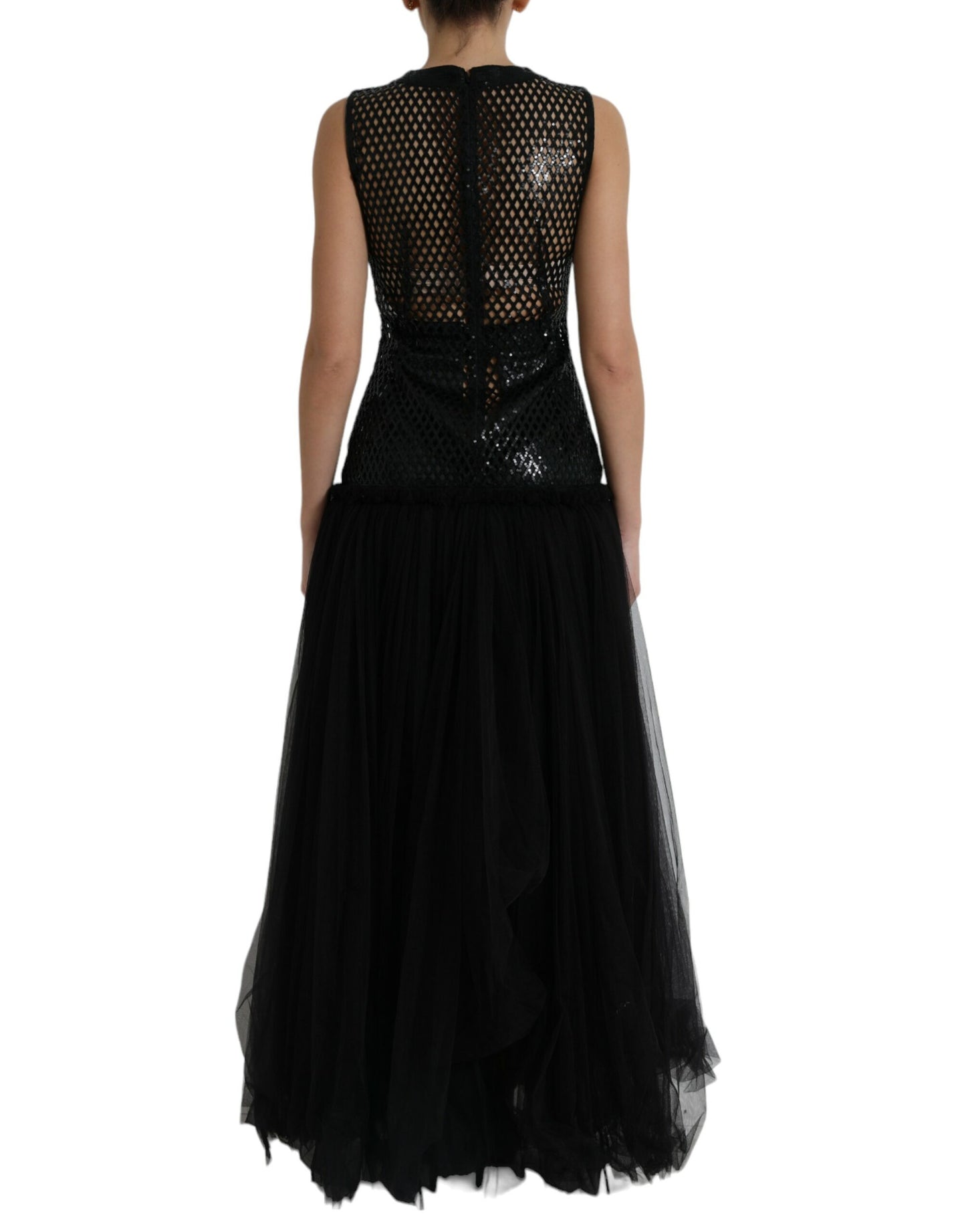 Dolce & Gabbana Black Sequined Sleeveless Mesh Layered Gown Dress