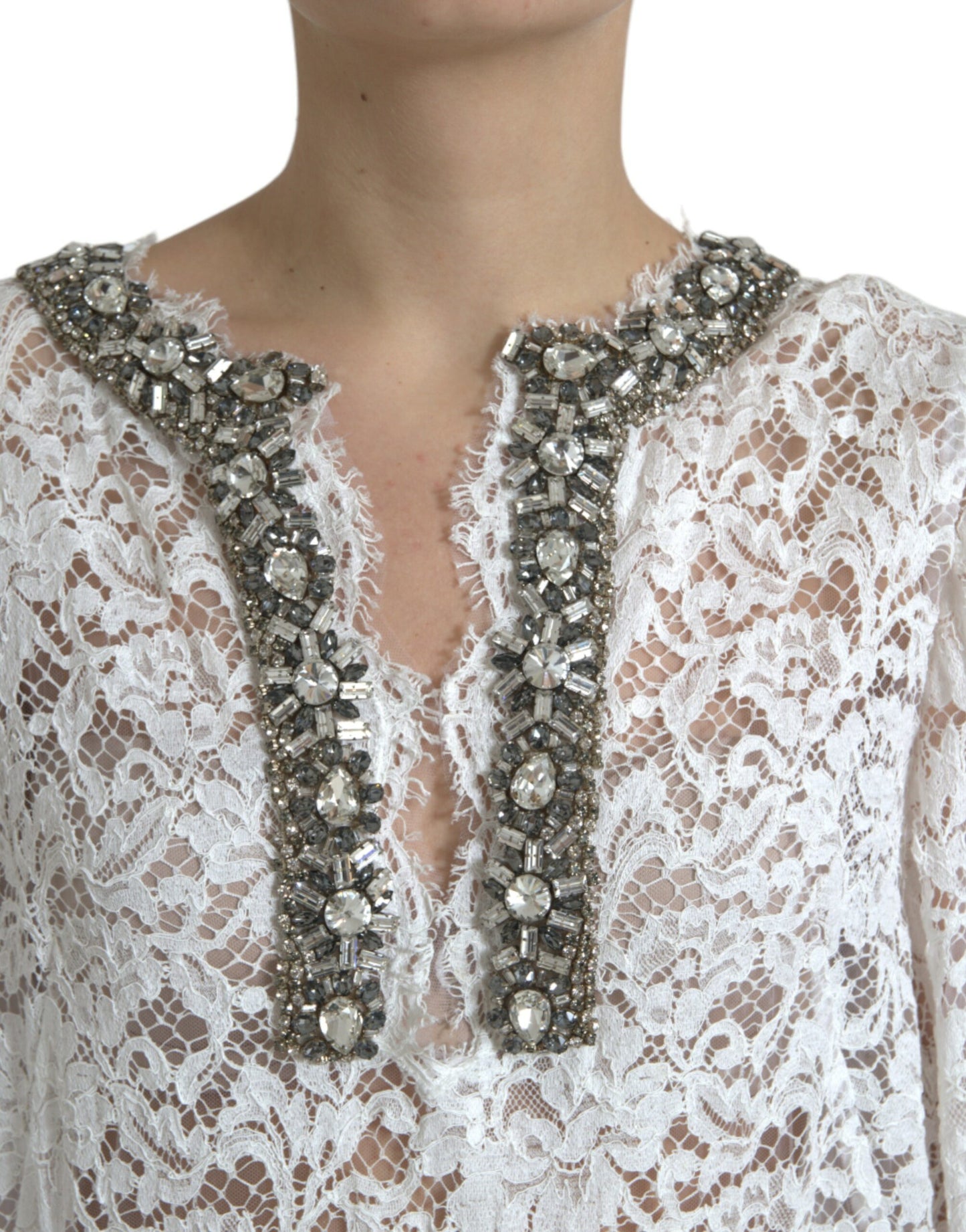 Dolce & Gabbana White Lace Crystal Embellished Shift Dress