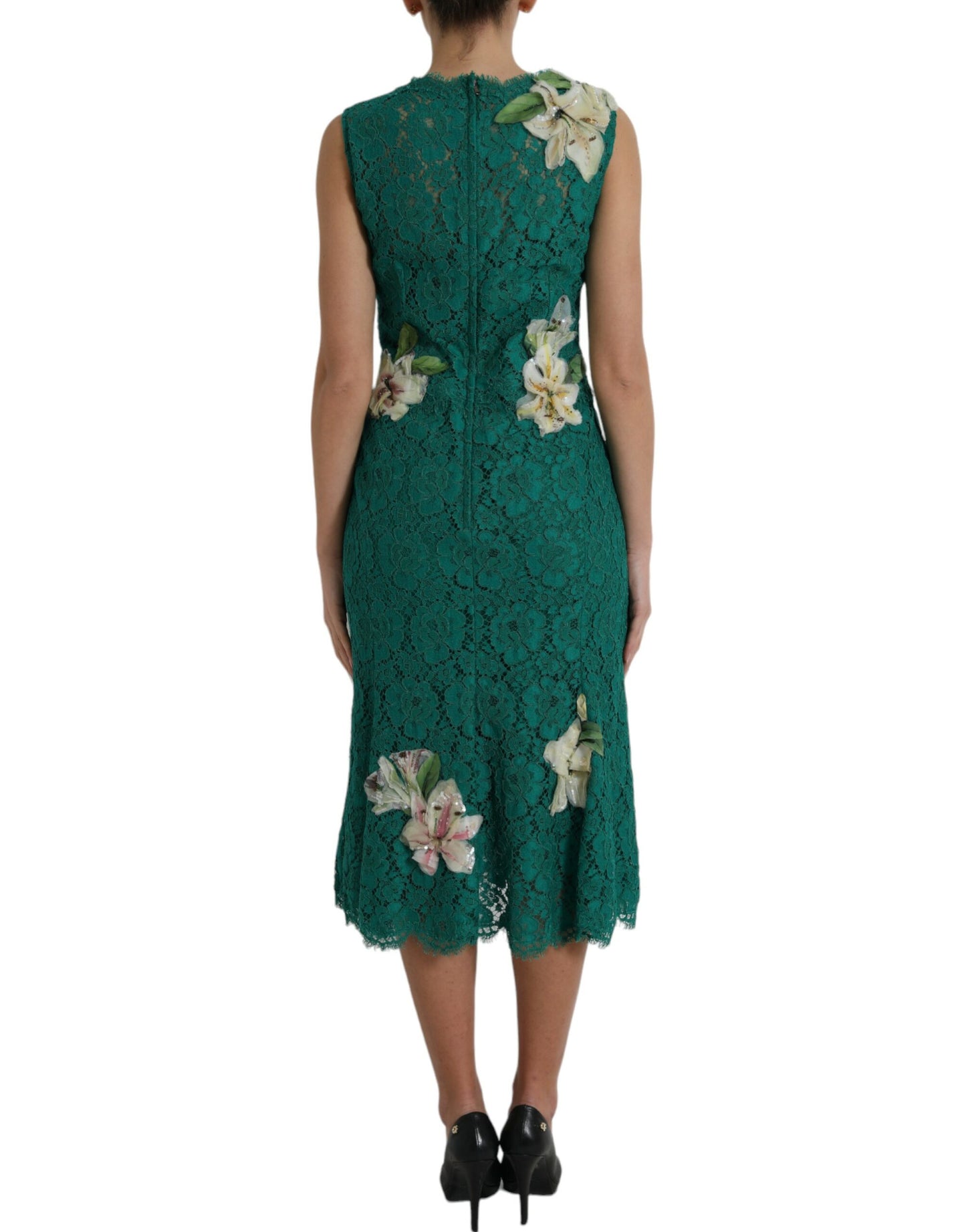 Dolce & Gabbana Green Lace Floral Applique Aline Midi Dress