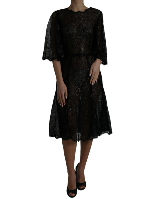 Dolce & Gabbana Black Floral Lace Sheer A-line Midi Dress