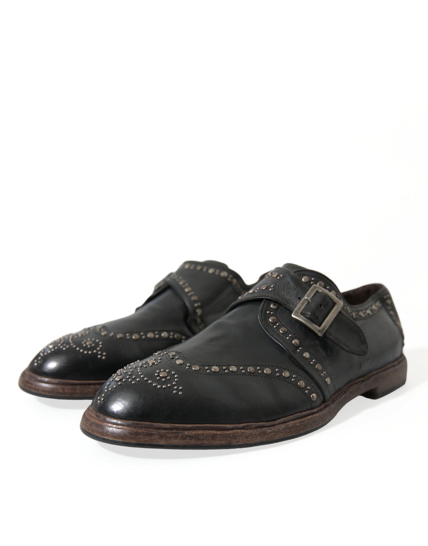 Dolce & Gabbana Black Leather Monk Strap Studded Dress Shoes