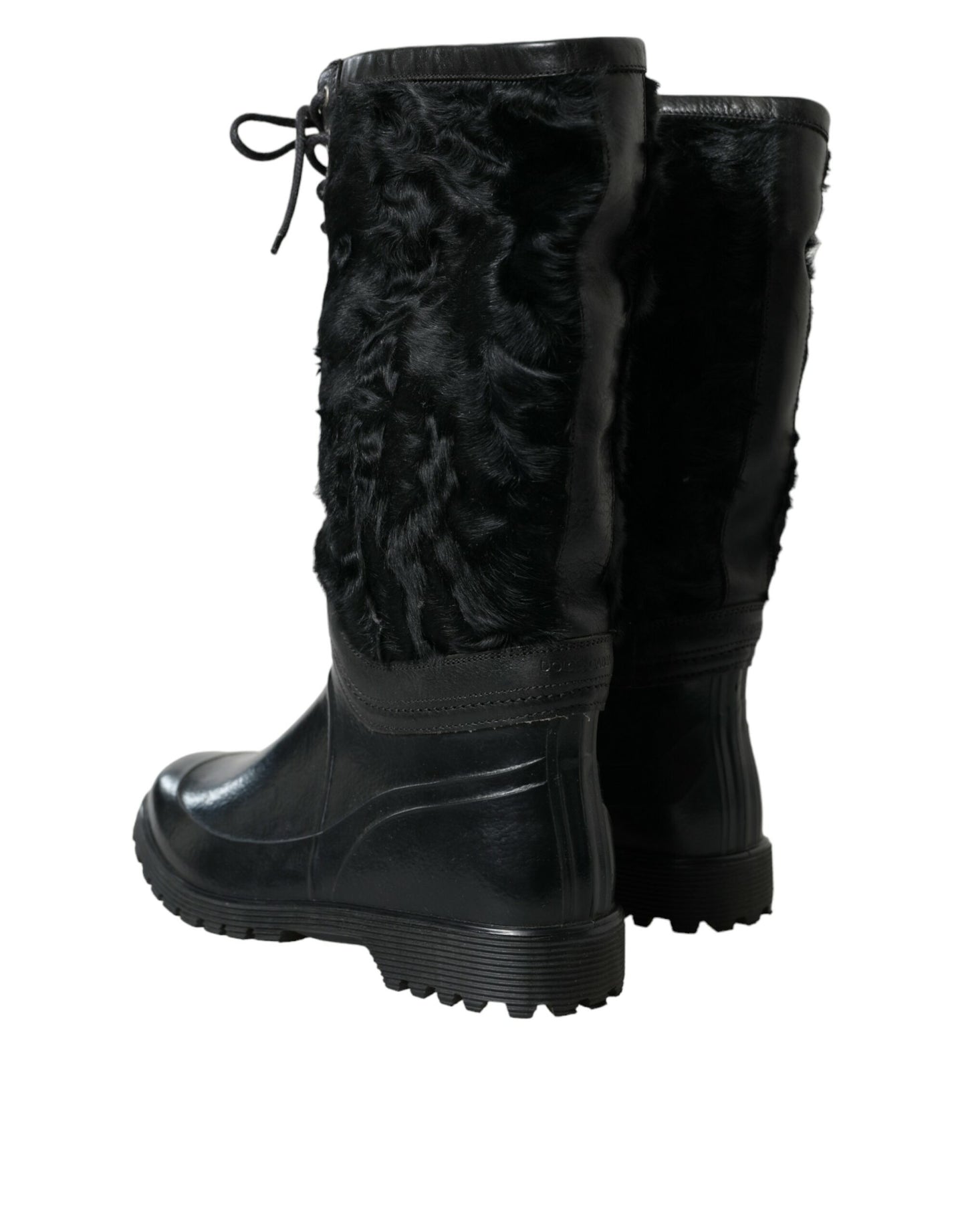 Dolce & Gabbana Black Rubber Lace Up Shearling Rain Boots Shoes