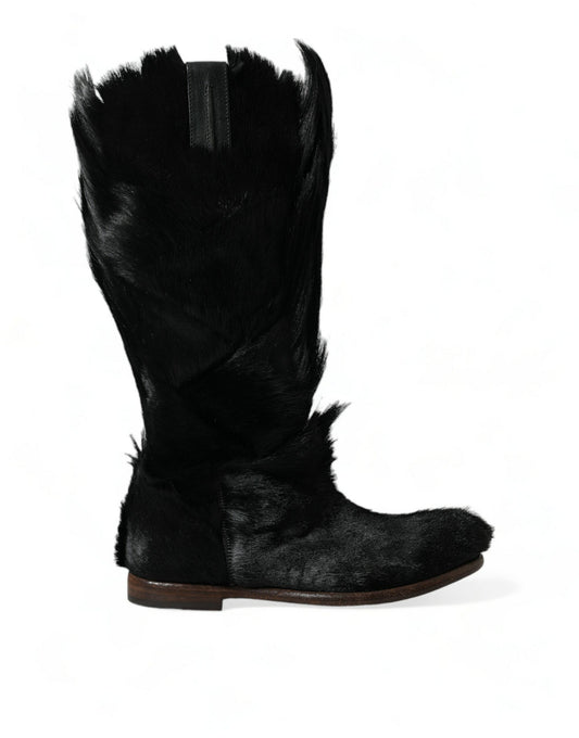 Dolce & Gabbana Black Gazelle Fur Mid Calf Winter Boots Shoes