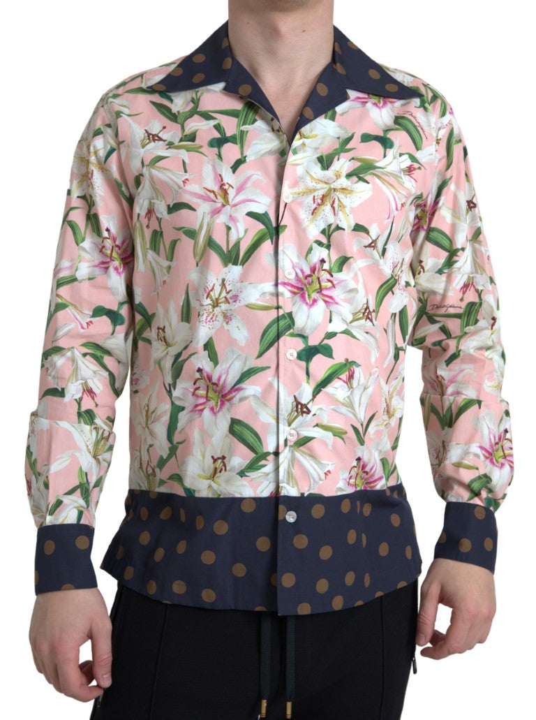 Dolce & Gabbana Cotton Polka Dot Lily Print Collared Shirt