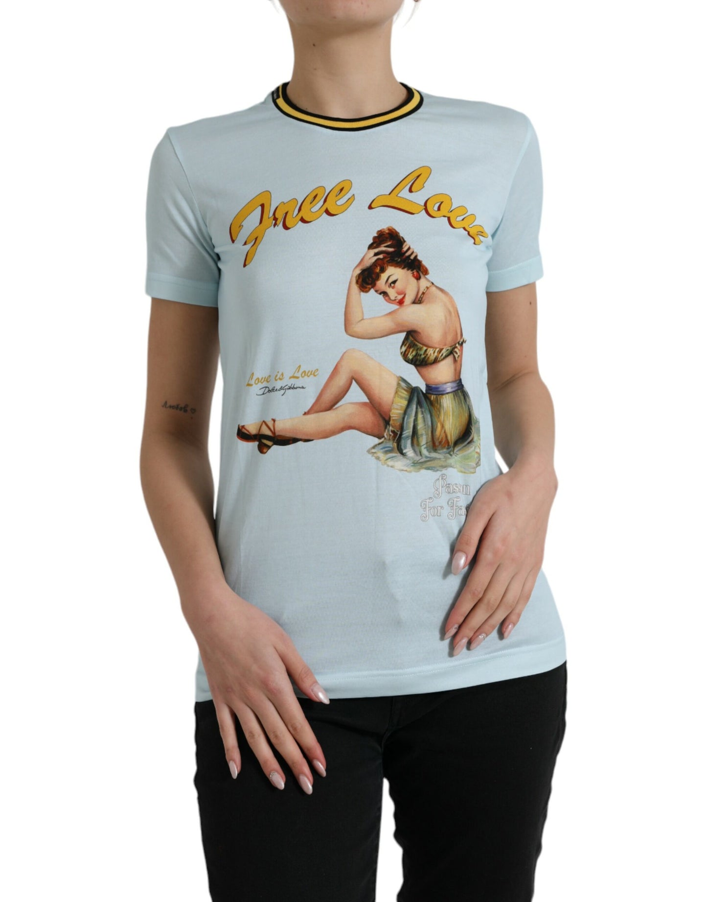 Dolce & Gabbana Light Blue Cotton Free Love Crew Neck T-shirt