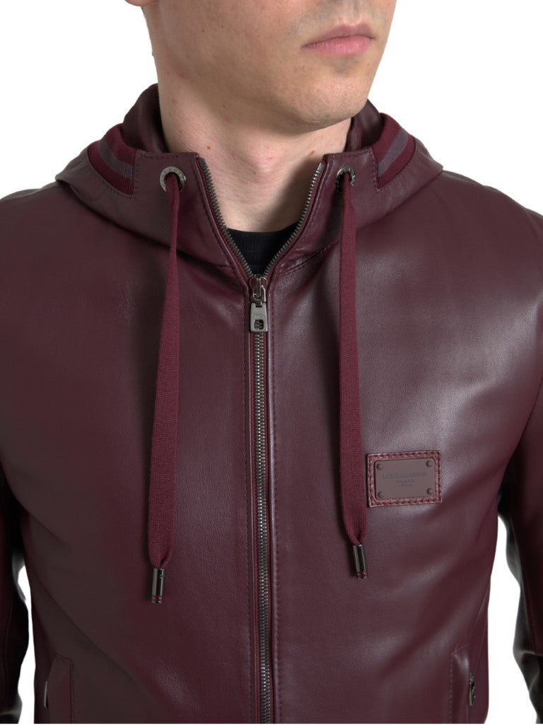 Dolce & Gabbana Elegant Bordeaux Leather Hooded Jacket