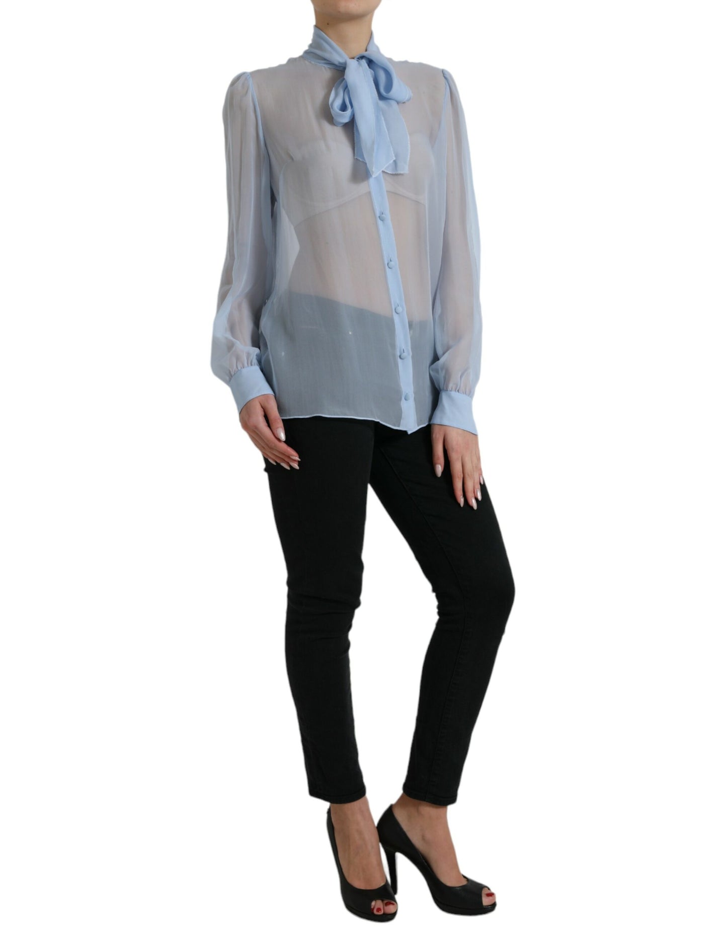 Dolce & Gabbana Blue Long Sleeves Ascot Collar Blouse Top