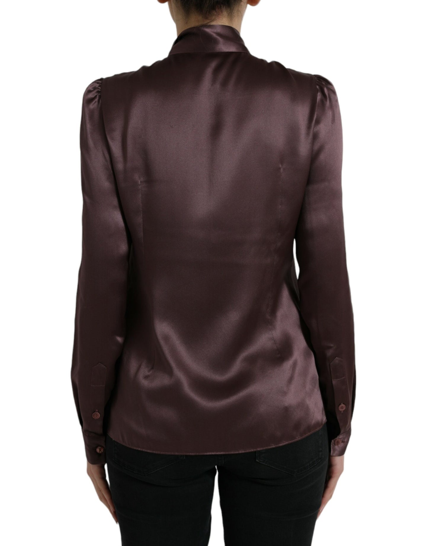 Dolce & Gabbana Brown Silk Ascot Collar Long Sleeve Blouse Top