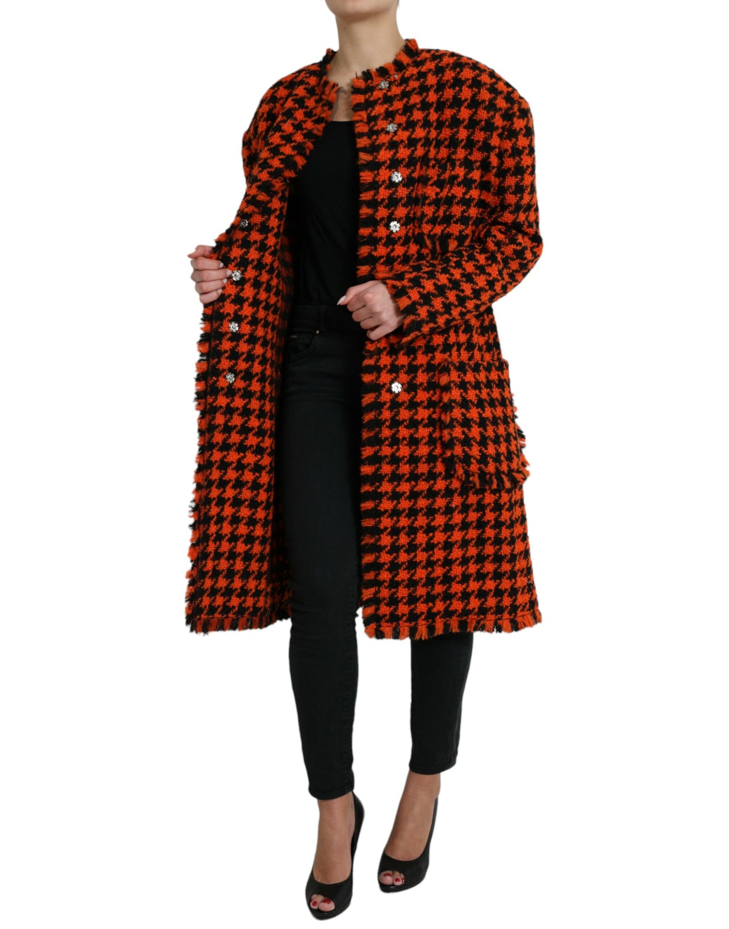 Dolce & Gabbana Orange Houndstooth Long Sleeve Coat Jacket