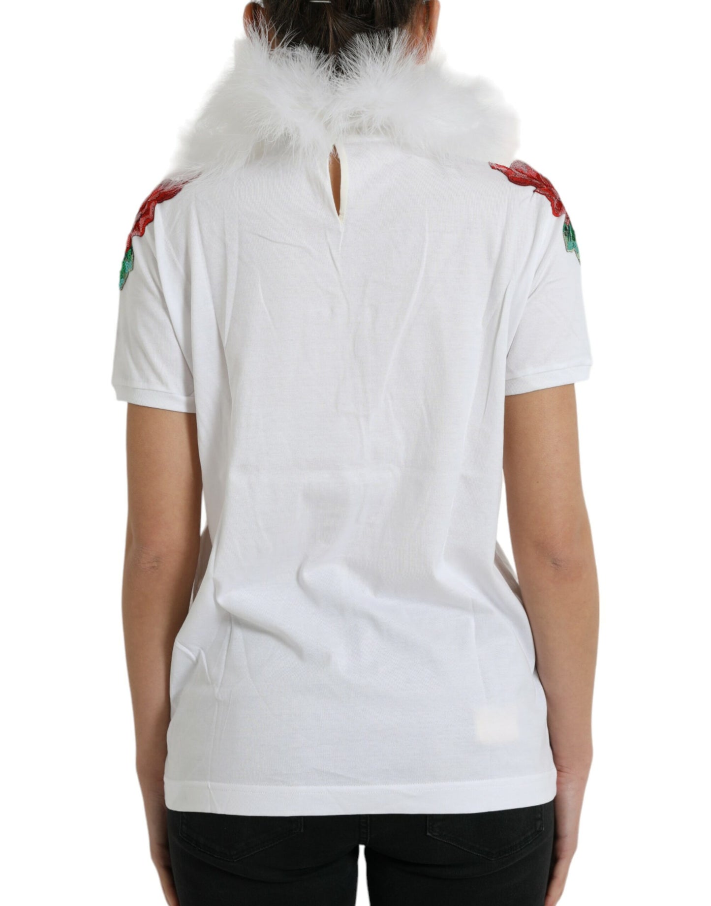 Dolce & Gabbana White Cotton Christmas Sequin Fur T-shirt