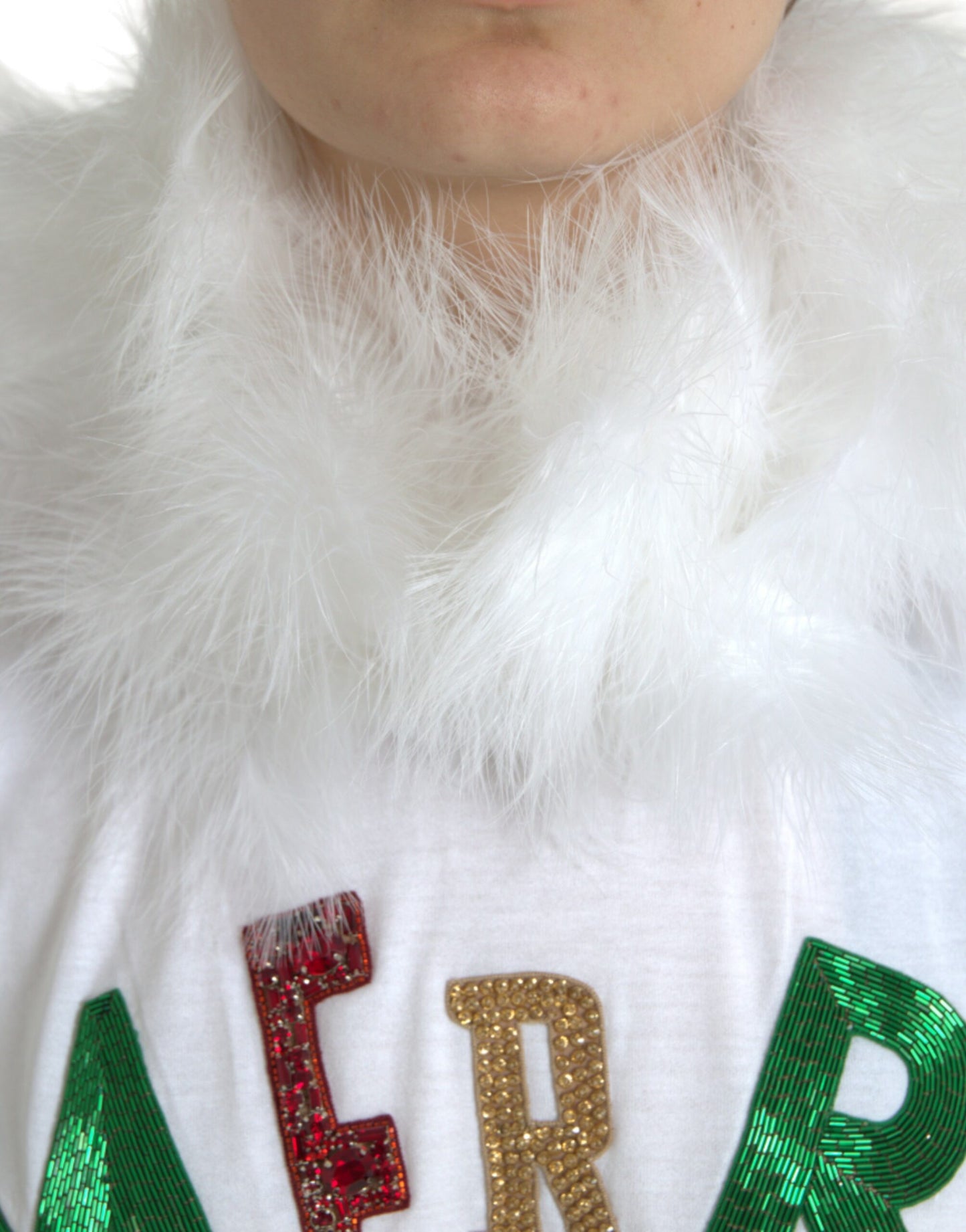 Dolce & Gabbana White Cotton Christmas Sequin Fur T-shirt