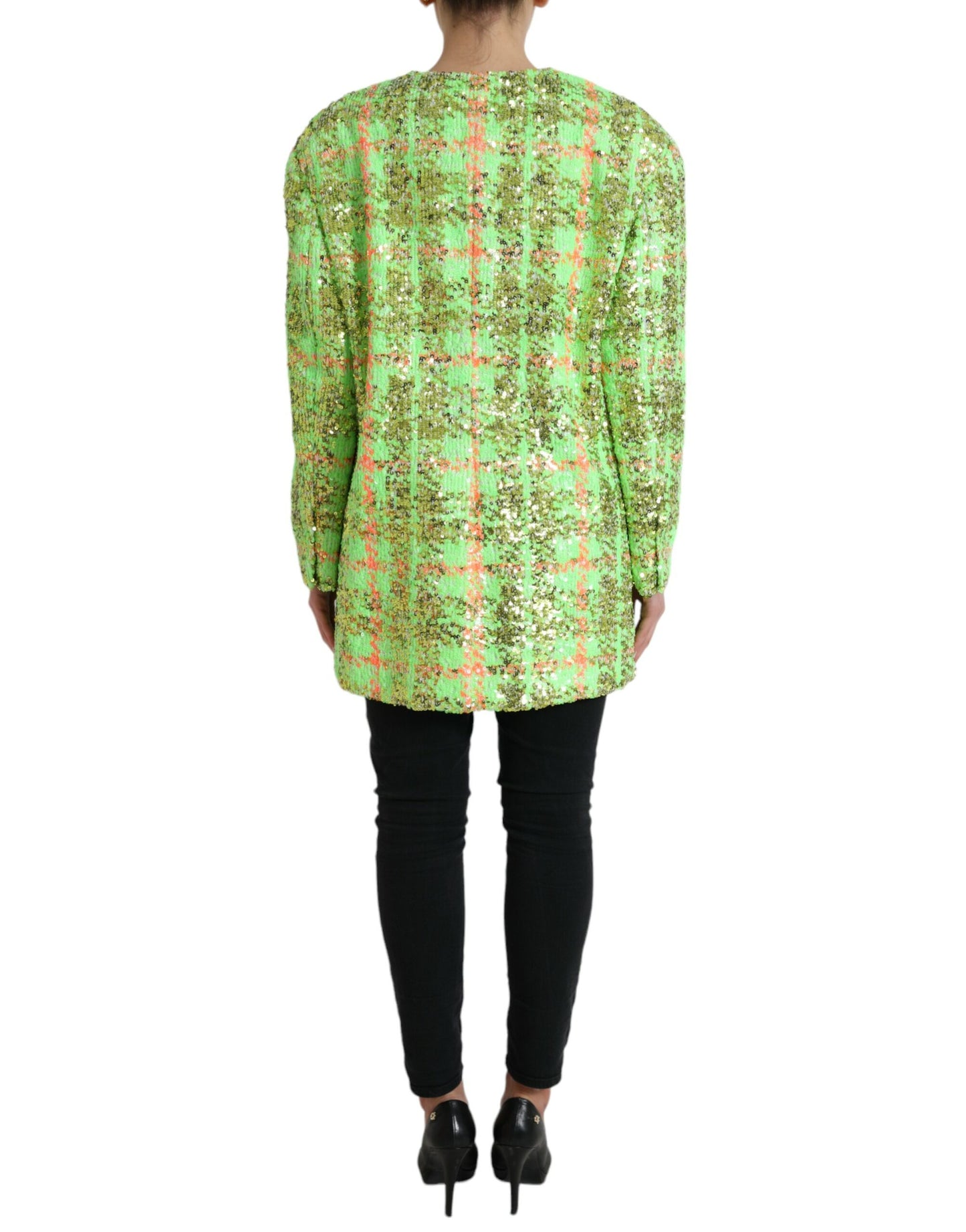 Dolce & Gabbana Green Nylon Sequinned Checkered Coat Jacket