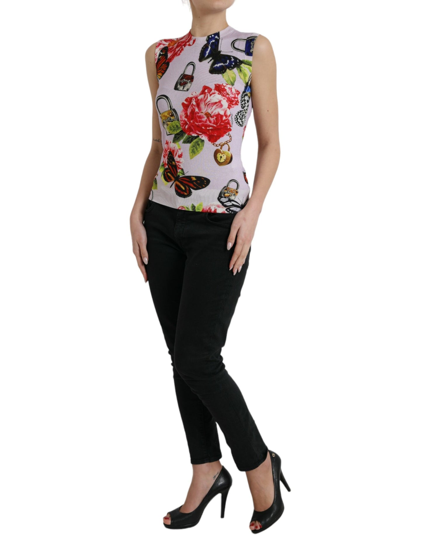 Dolce & Gabbana Multicolor Floral Padlock Butterfly Tank Top