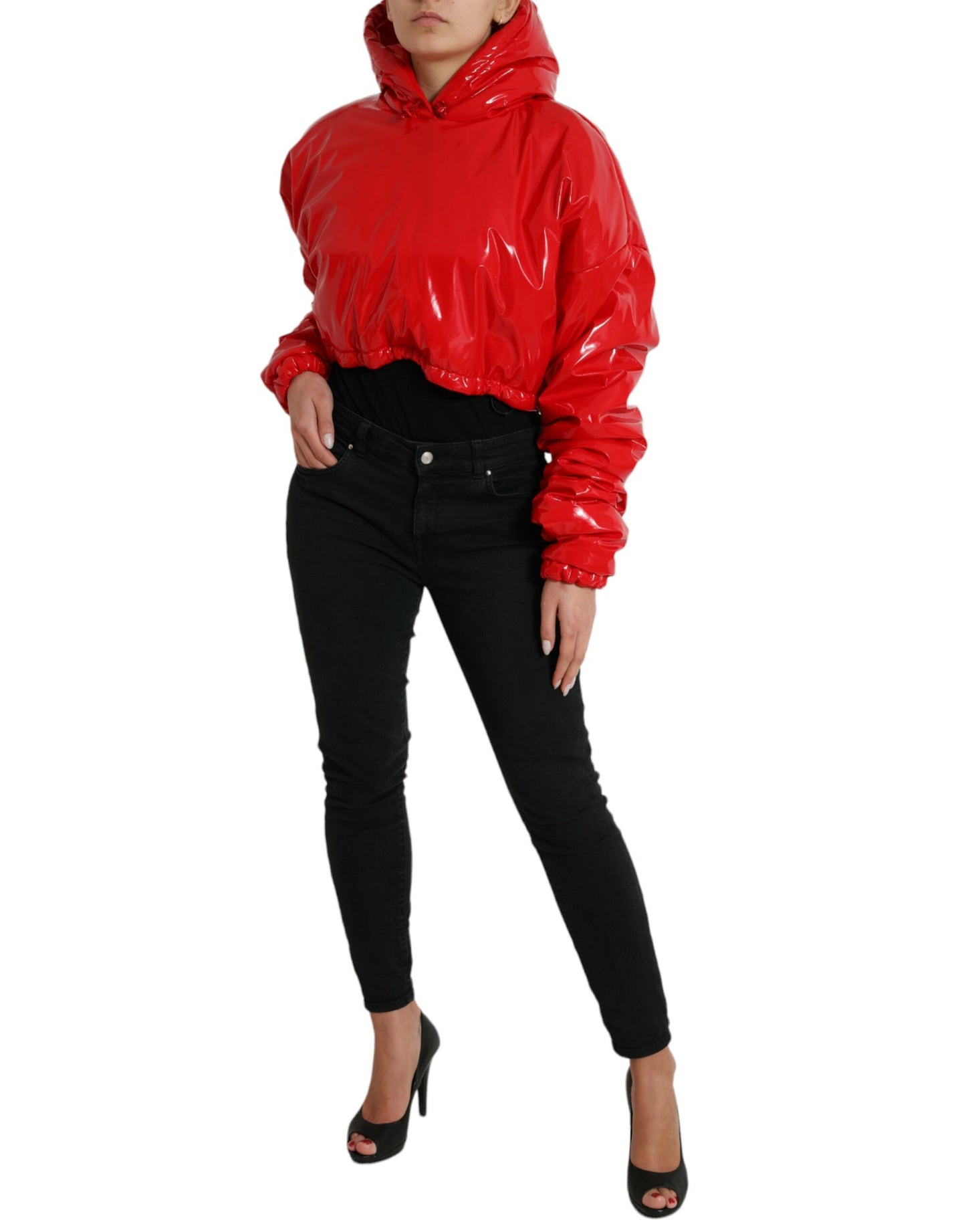 Dolce & Gabbana Shiny Red Hooded Cropped Short Coat Jacket