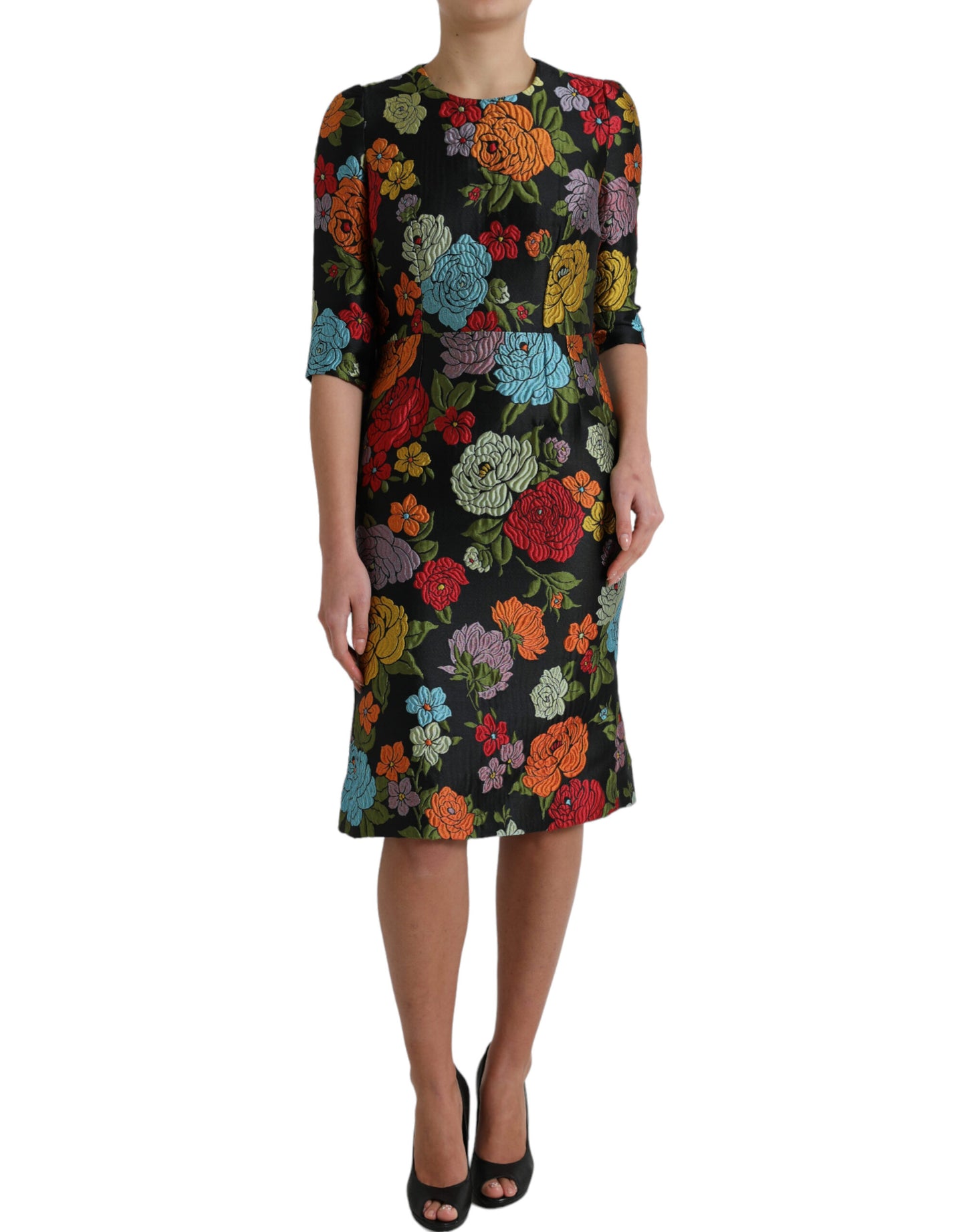 Dolce & Gabbana Black Floral Embroidery Knee Length Dress