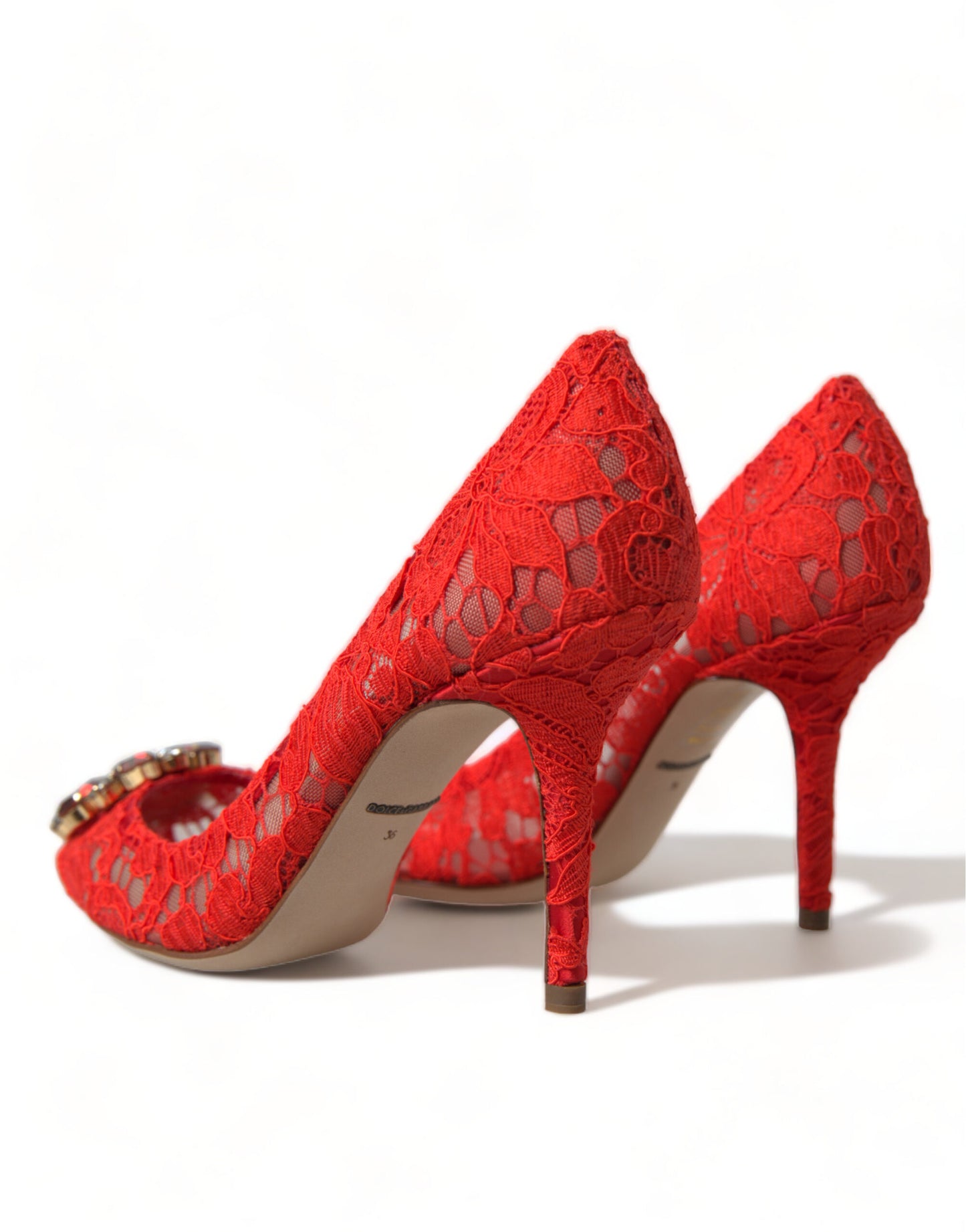 Dolce & Gabbana Exquisite Crystal-Embellished Red Lace Heels