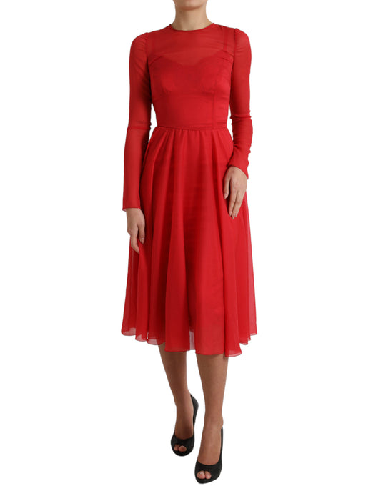 Dolce & Gabbana Red Silk Pleated Aline Long Sleeve Midi Dress