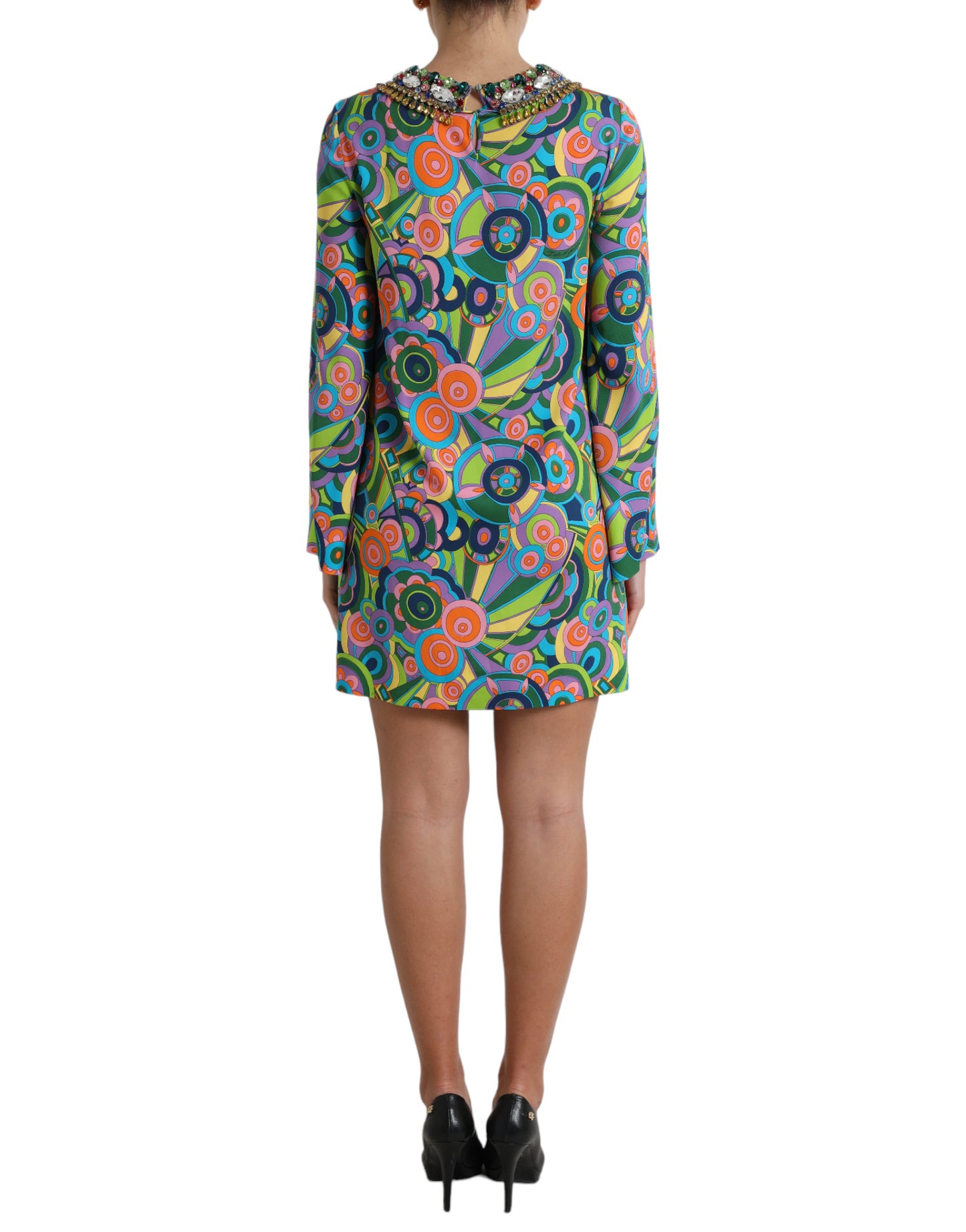 Dolce & Gabbana Multicolor Geometric Print Silk Crystals Midi Dress