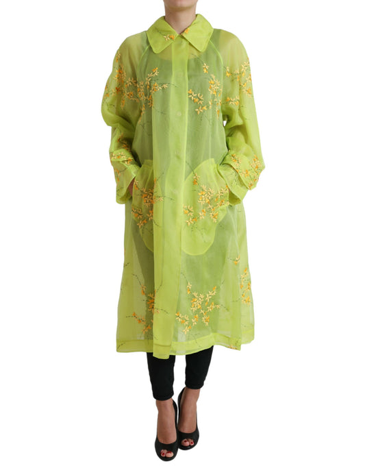 Dolce & Gabbana Green Silk Floral Embroidery Long Coat Jacket