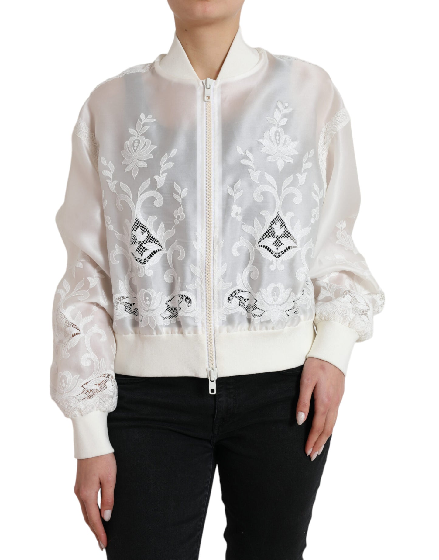 Dolce & Gabbana White Floral Lace Silk Full Zip Bomber Jacket