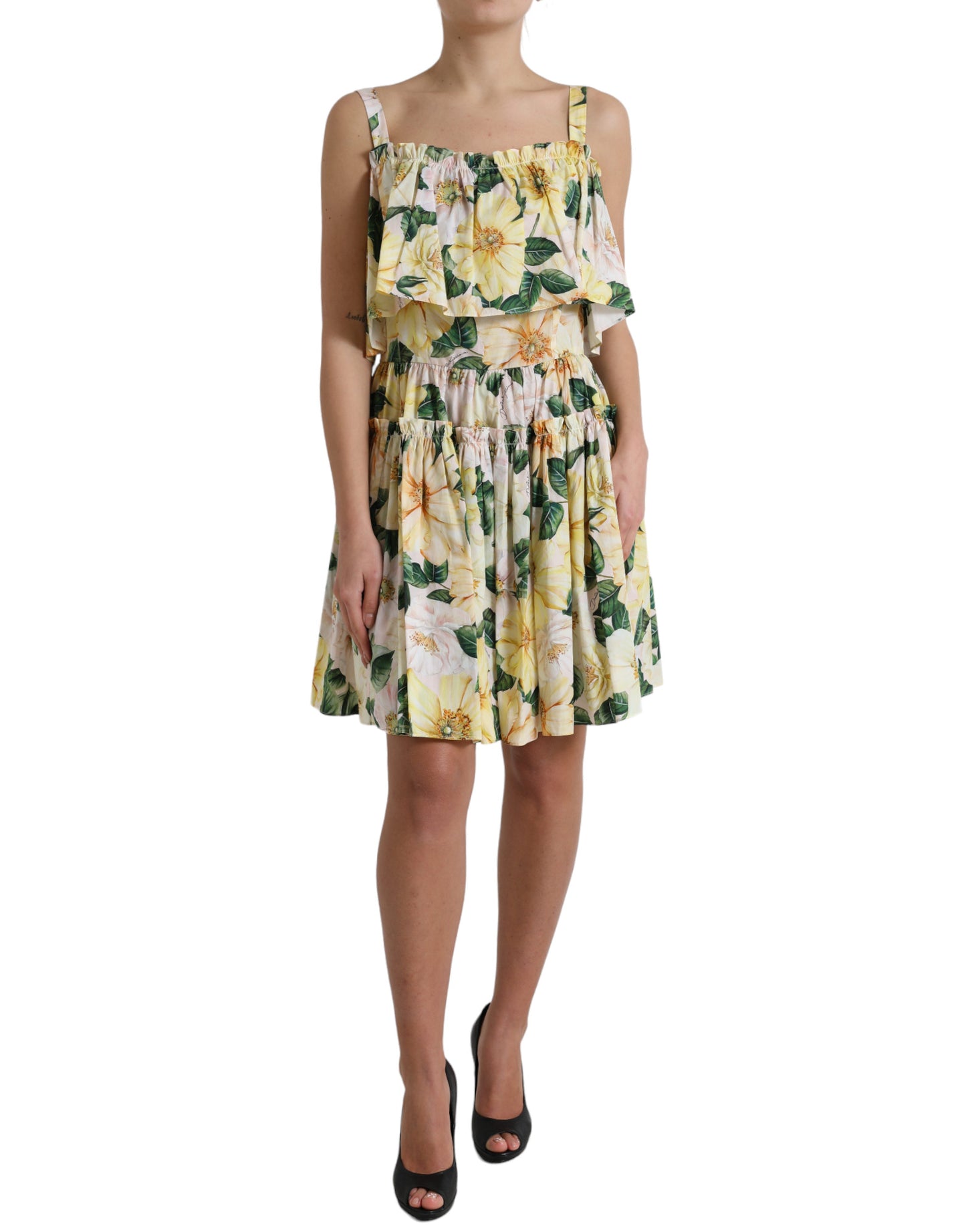 Dolce & Gabbana Yellow Floral Print Cotton Mini Dress