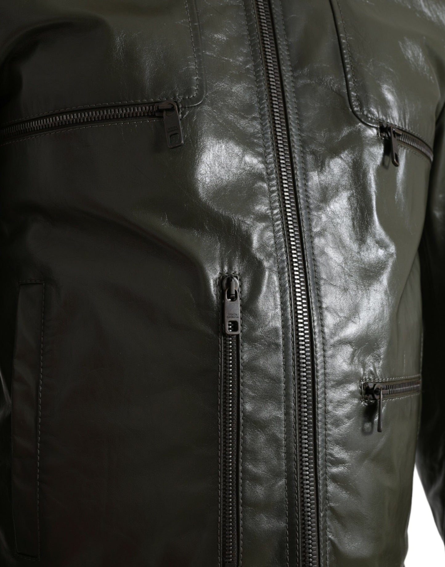 Dolce & Gabbana Green Leather Collared Biker Full Zip Jacket