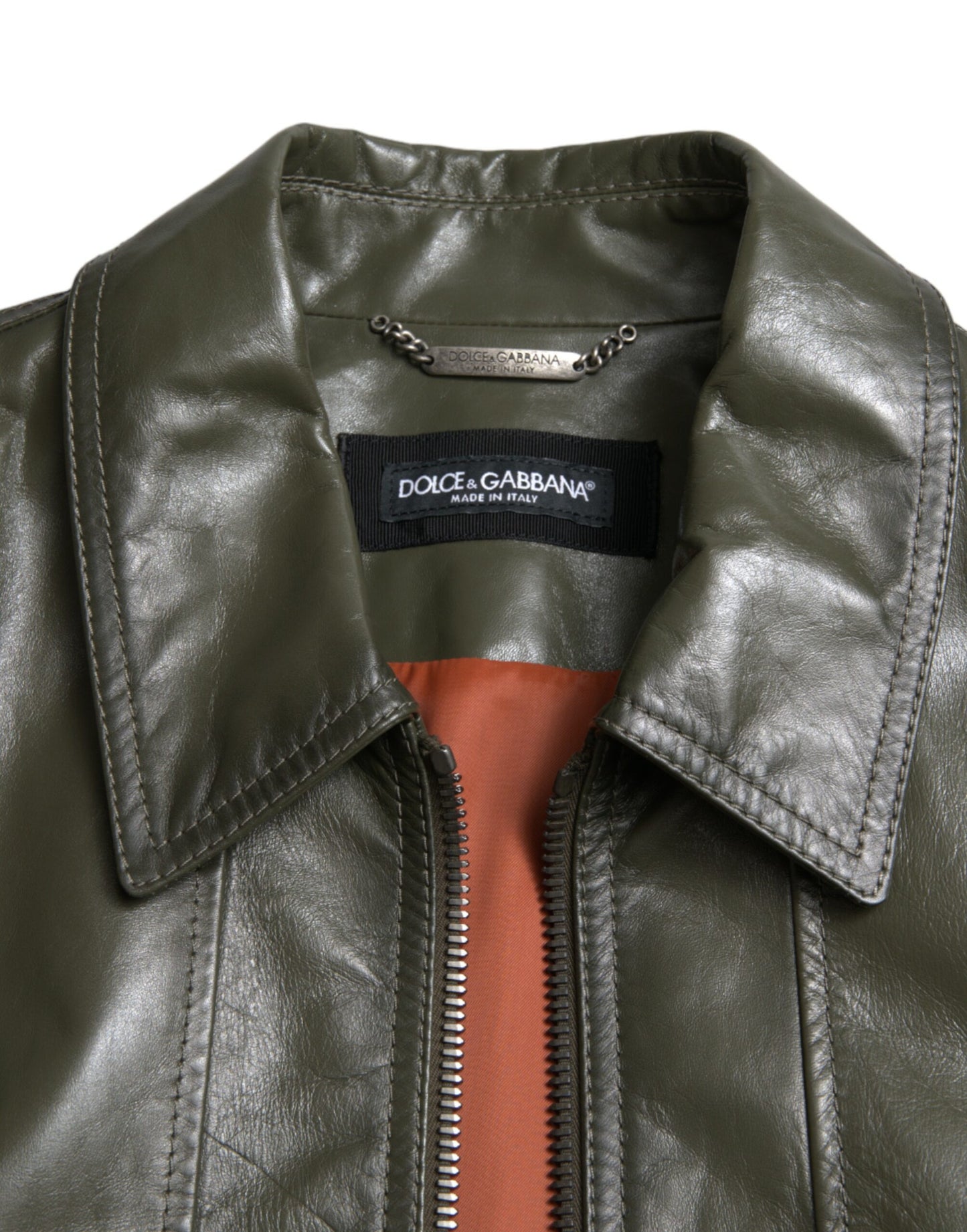 Dolce & Gabbana Green Leather Collared Biker Full Zip Jacket