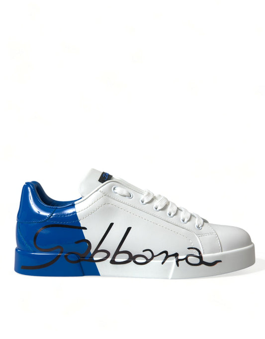 Dolce & Gabbana White Blue Leather Low Top Sneakers Shoes