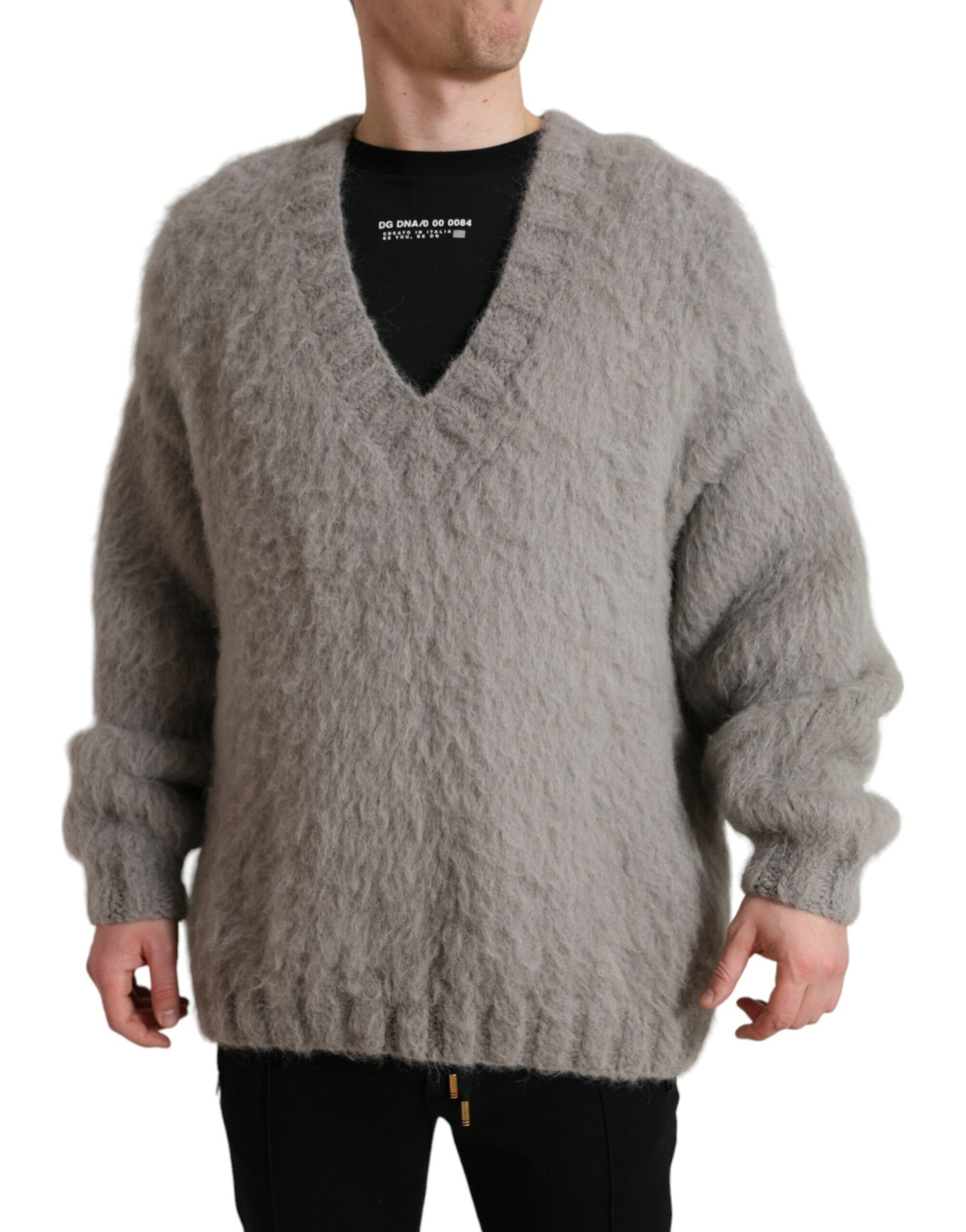 Dolce & Gabbana Gray Alpaca Fur V-neck Men Pullover Sweater