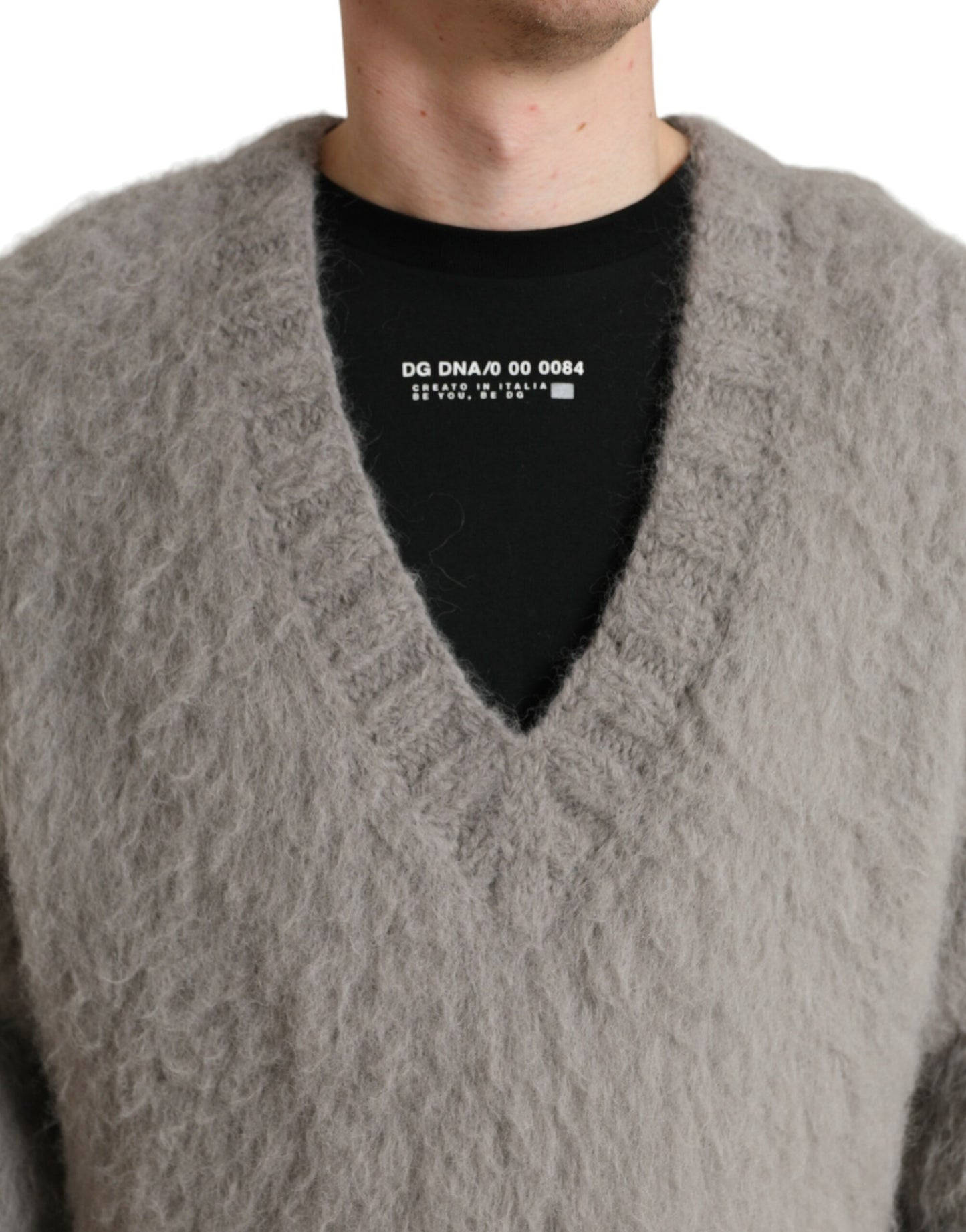 Dolce & Gabbana Gray Alpaca Fur V-neck Men Pullover Sweater