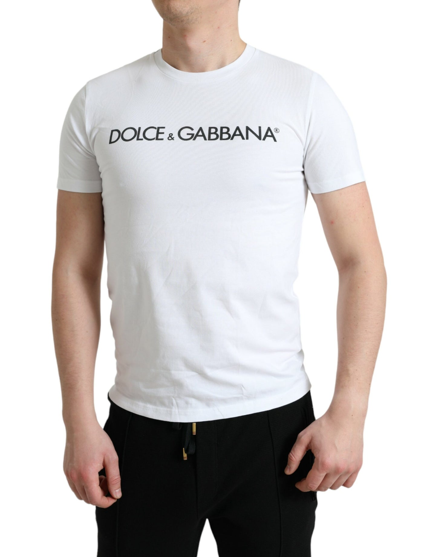 Dolce & Gabbana White Logo Print Cotton Round Neck T-shirt