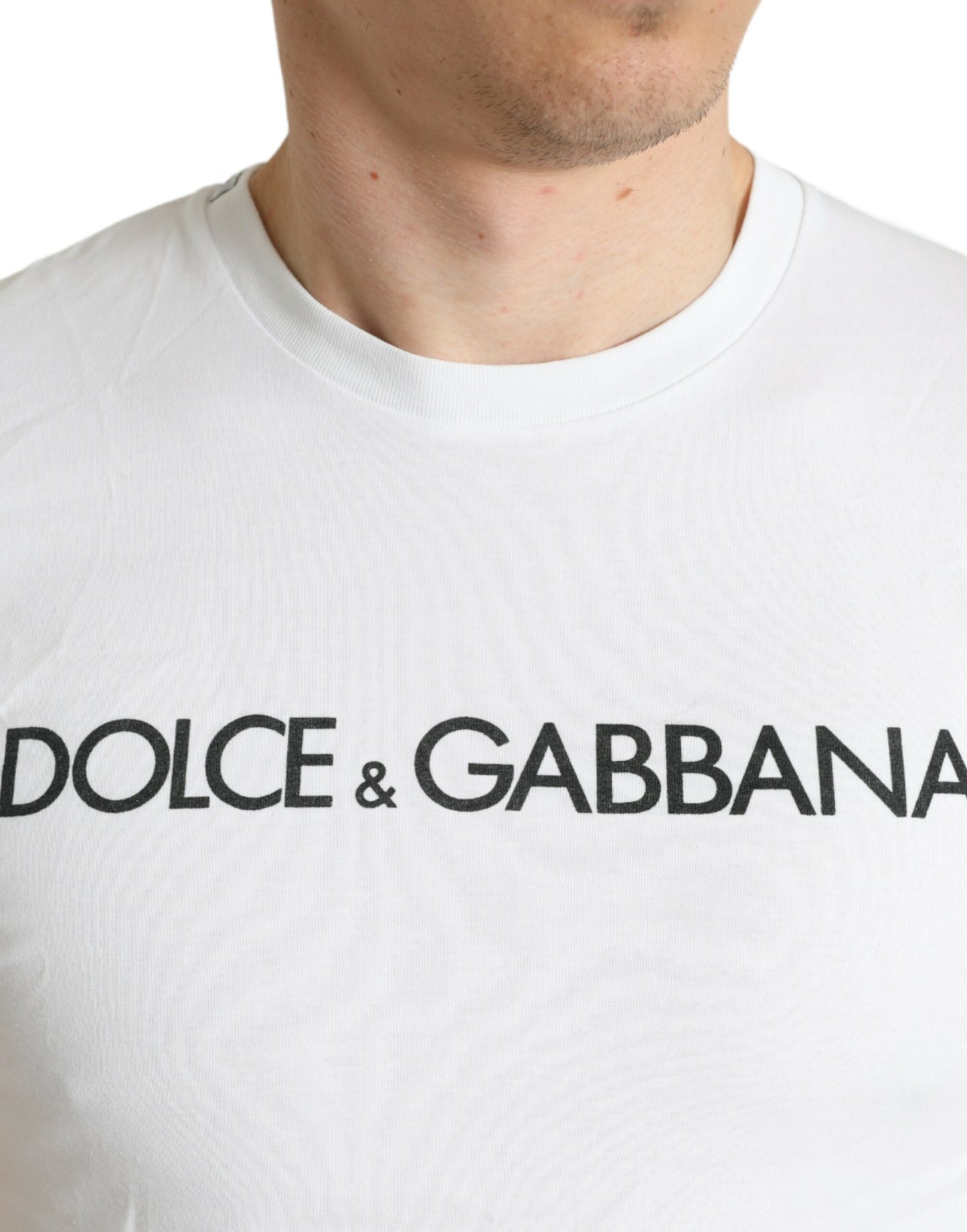 Dolce & Gabbana White Logo Print Cotton Round Neck T-shirt