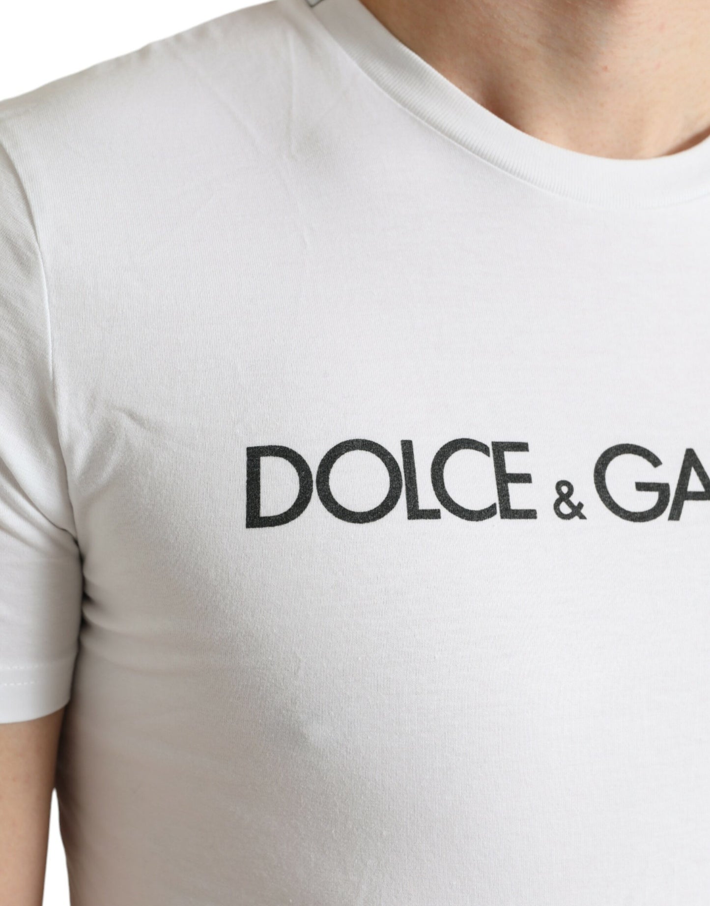 Dolce & Gabbana White Logo Print Cotton Round Neck T-shirt