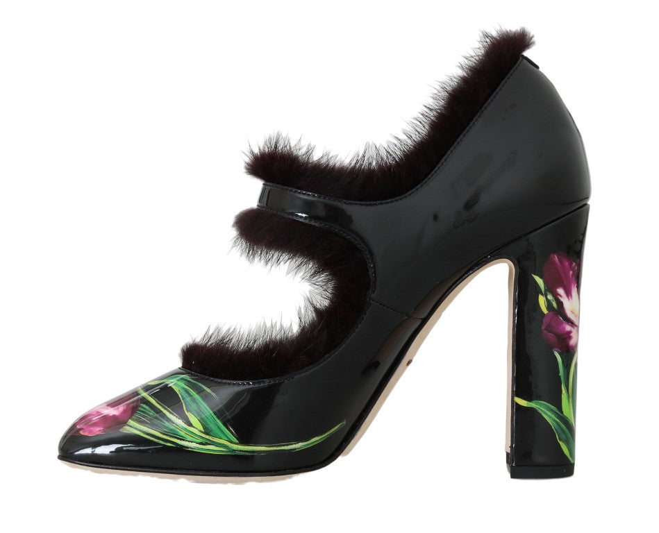 Dolce & Gabbana Black Purple Tulip Print Fur Mary Janes Pumps