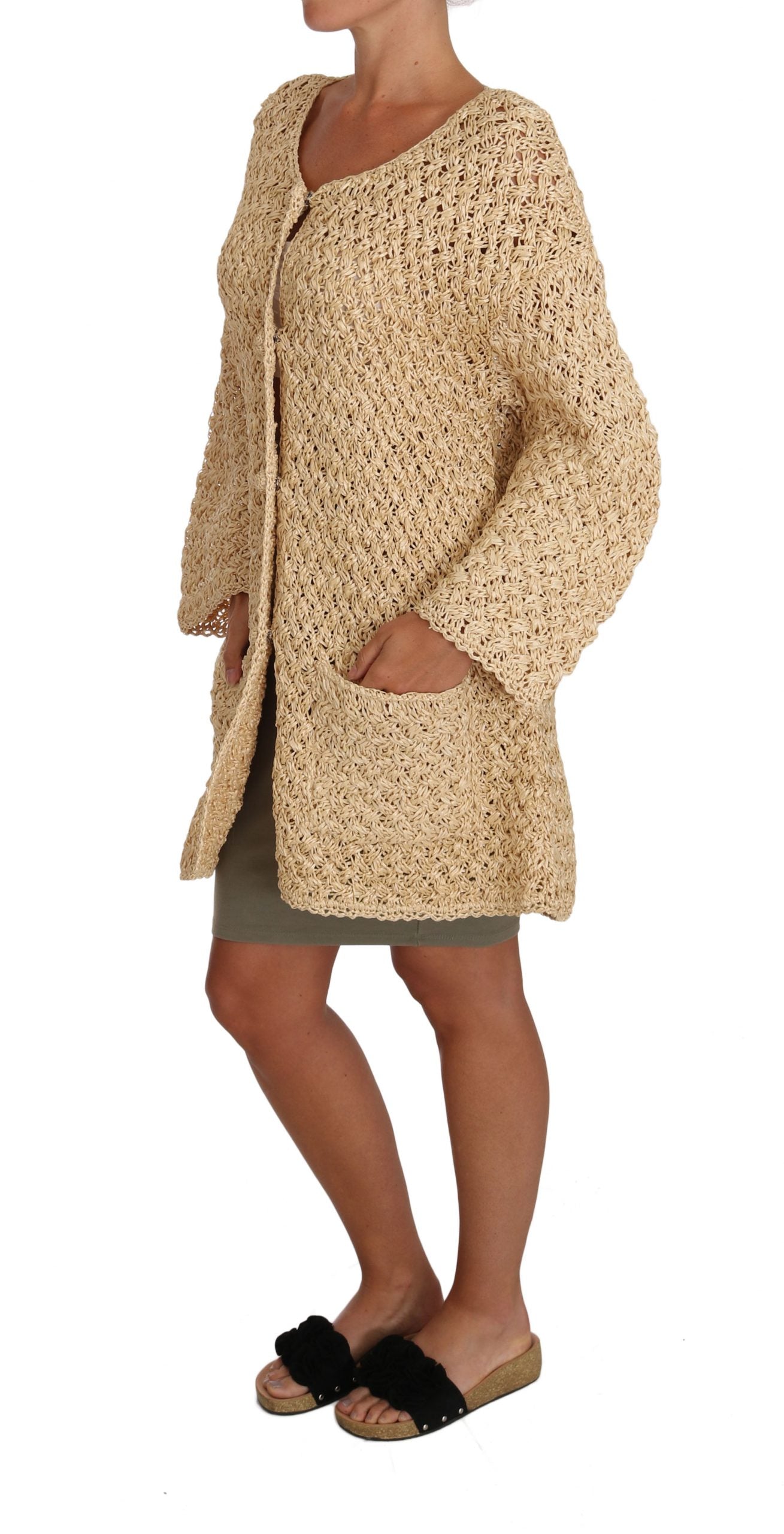 Dolce & Gabbana Chic Beige Crochet Knitted Raffia Cardigan