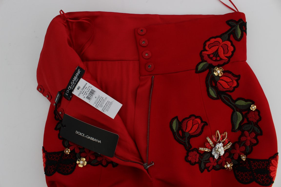 Dolce & Gabbana Ravishing Red Silk Embroidered Shorts