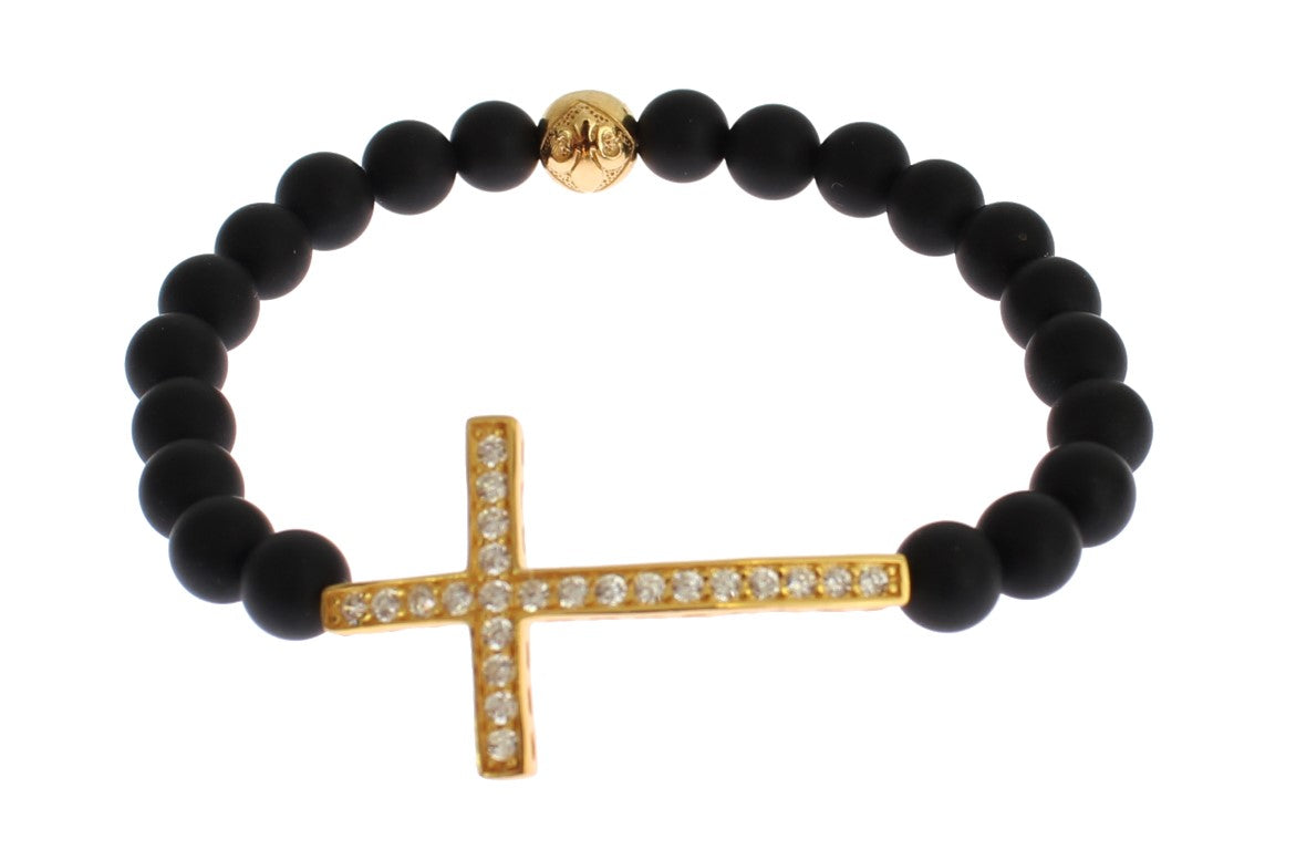 Nialaya Matte Onyx Stone Gold CZ Cross 925 Silver Bracelet