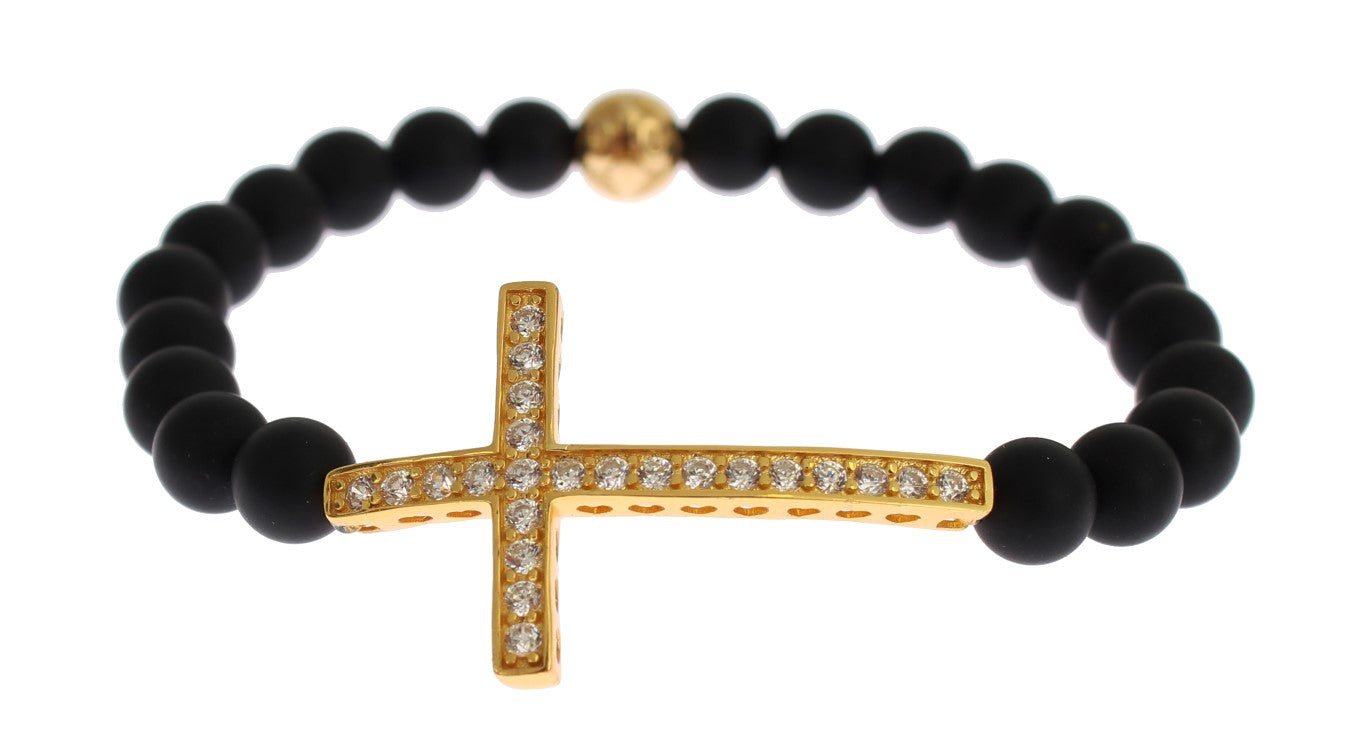 Nialaya Matte Onyx Stone Gold CZ Cross 925 Silver Bracelet