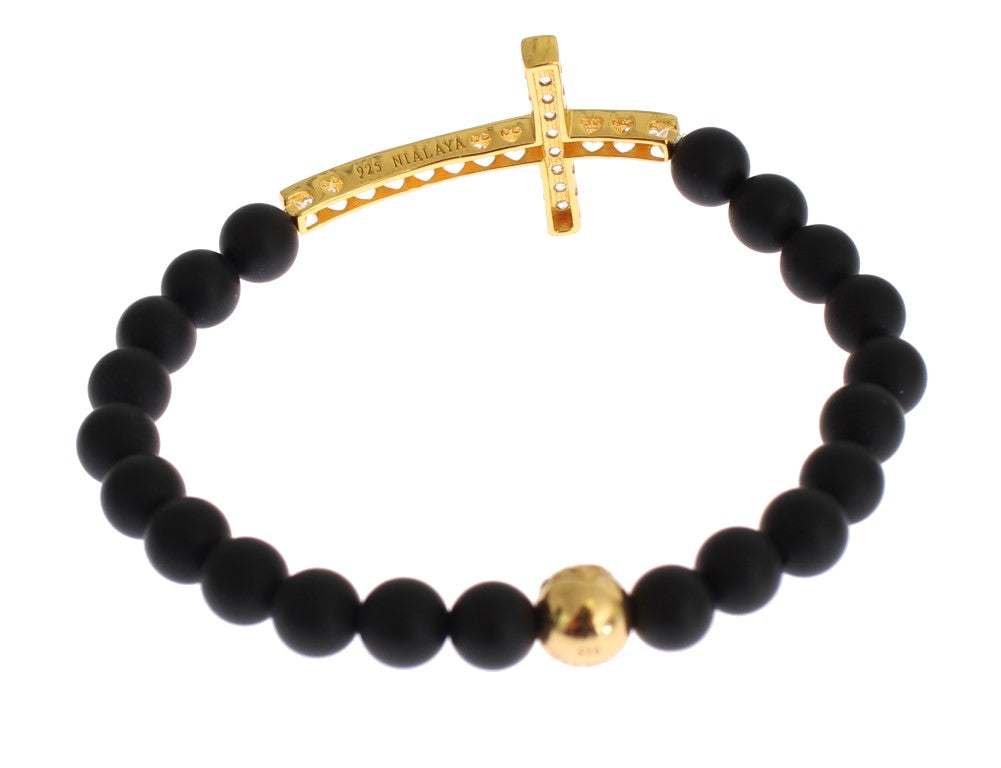 Nialaya Matte Onyx Stone Gold CZ Cross 925 Silver Bracelet